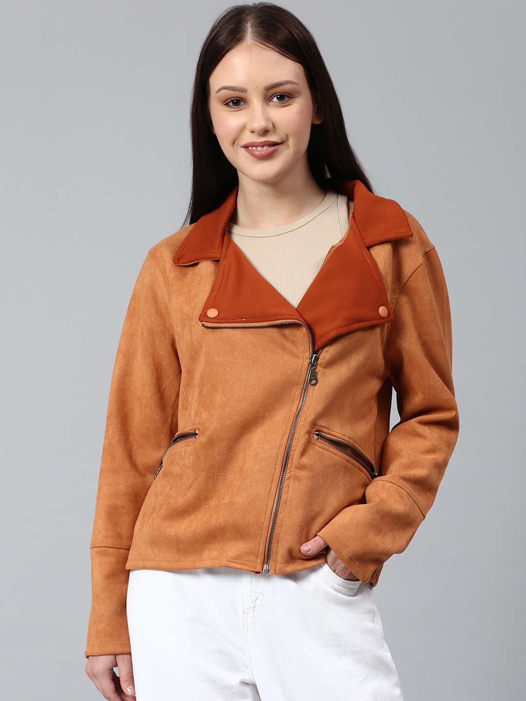 

Campus Sutra Women Brown Suede Windcheater Crop Outdoor Biker Jacket