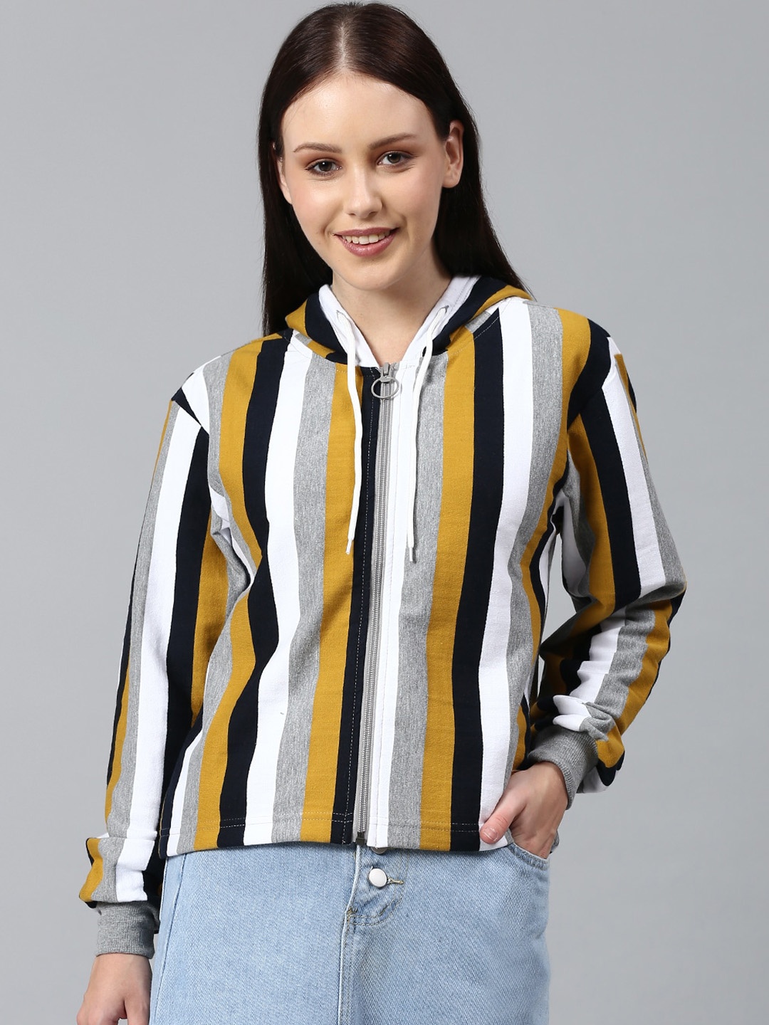 

Campus Sutra Women Yellow Striped Hooded Sweatshirt