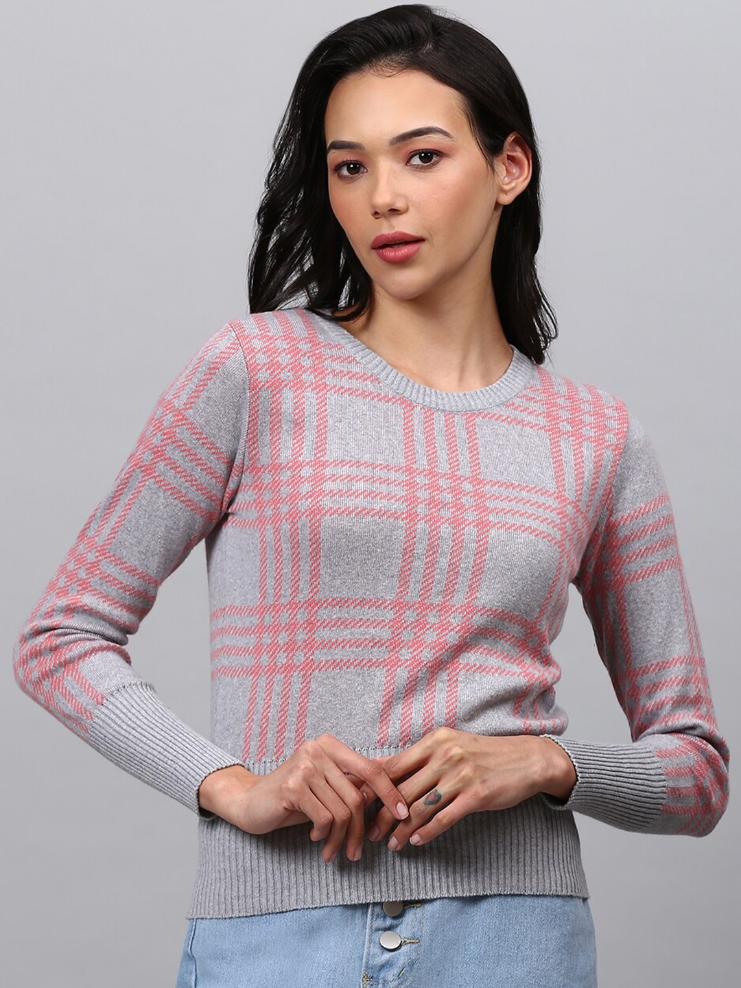 

Campus Sutra Women Grey & Peach-Coloured Checked Pullover