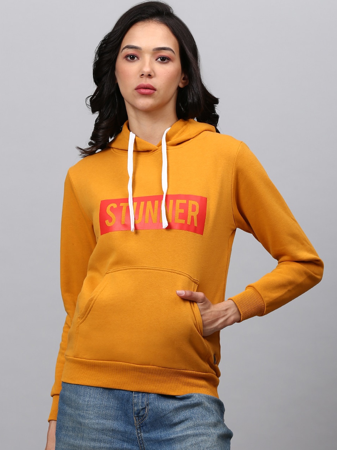 

Campus Sutra Women Mustard Yellow Printed Hooded Sweatshirt