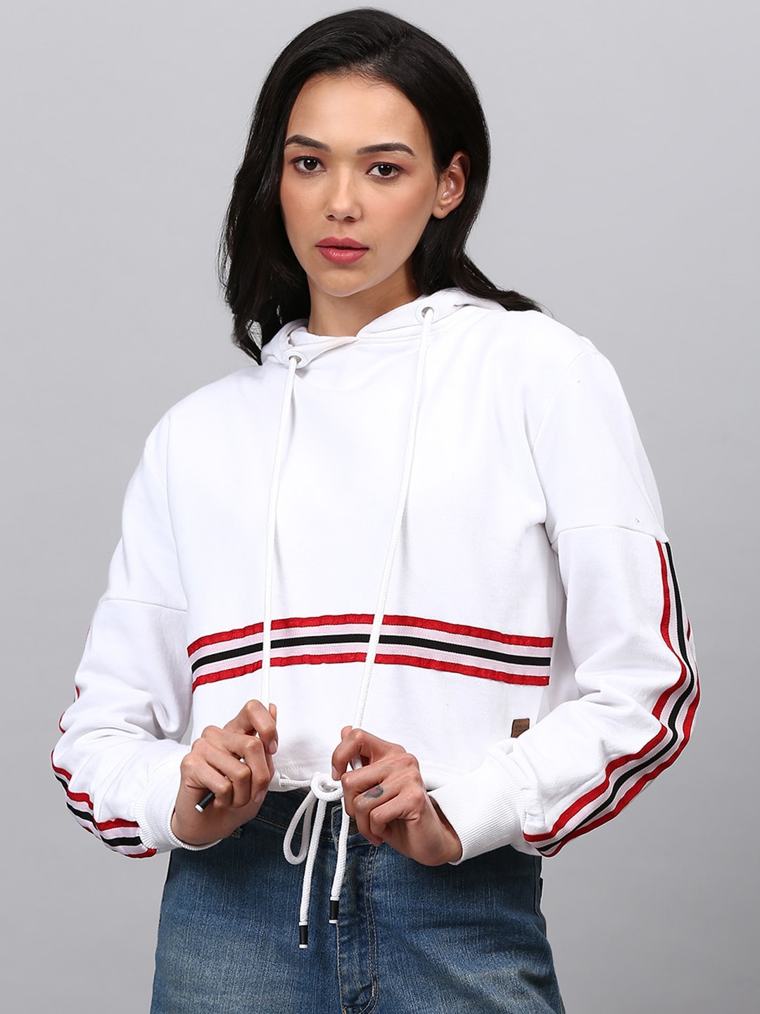 

Campus Sutra Women White Striped Hooded Crop Sweatshirt