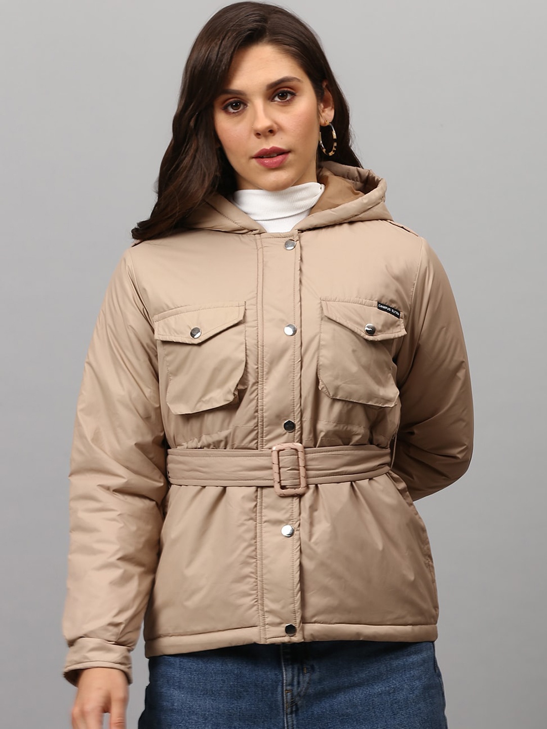 Campus Sutra Women Beige Windcheater Outdoor Tailored Jacket