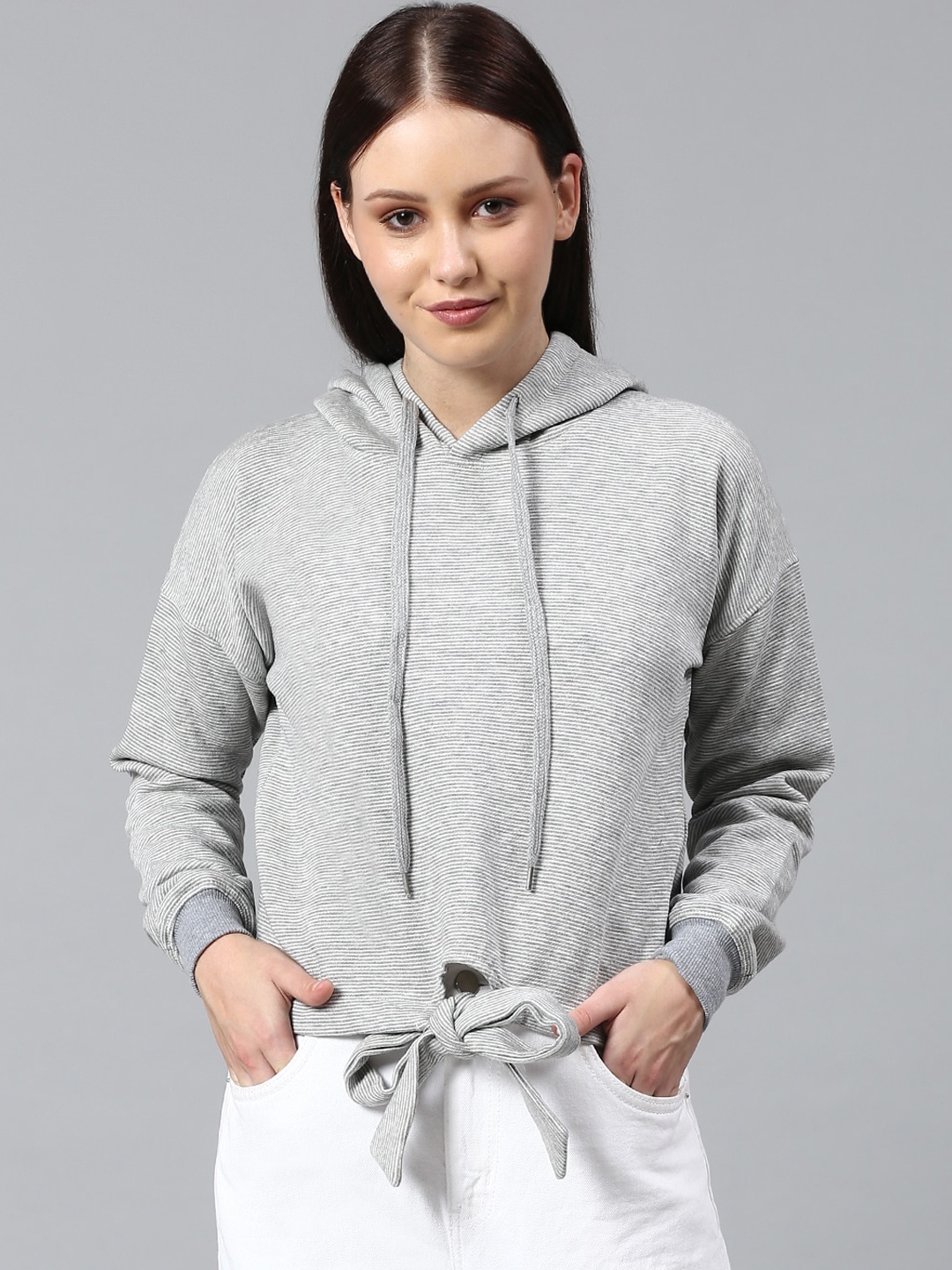 

Campus Sutra Women Grey Cotton Hooded Sweatshirt