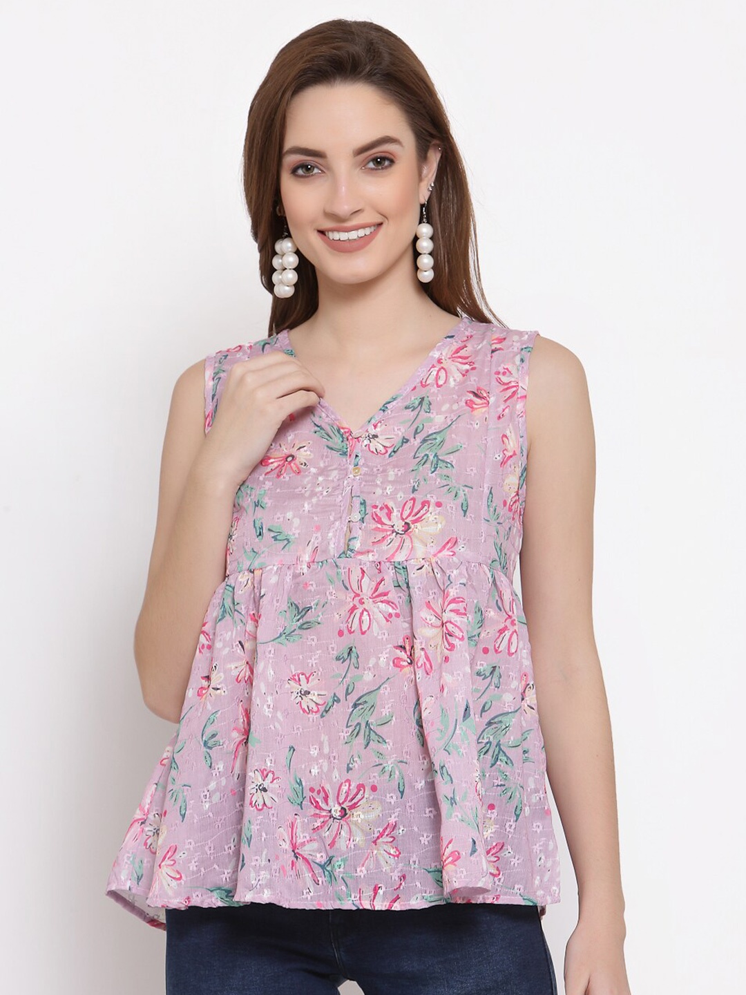 

Mafadeny Pink & Green Floral A-Line Top