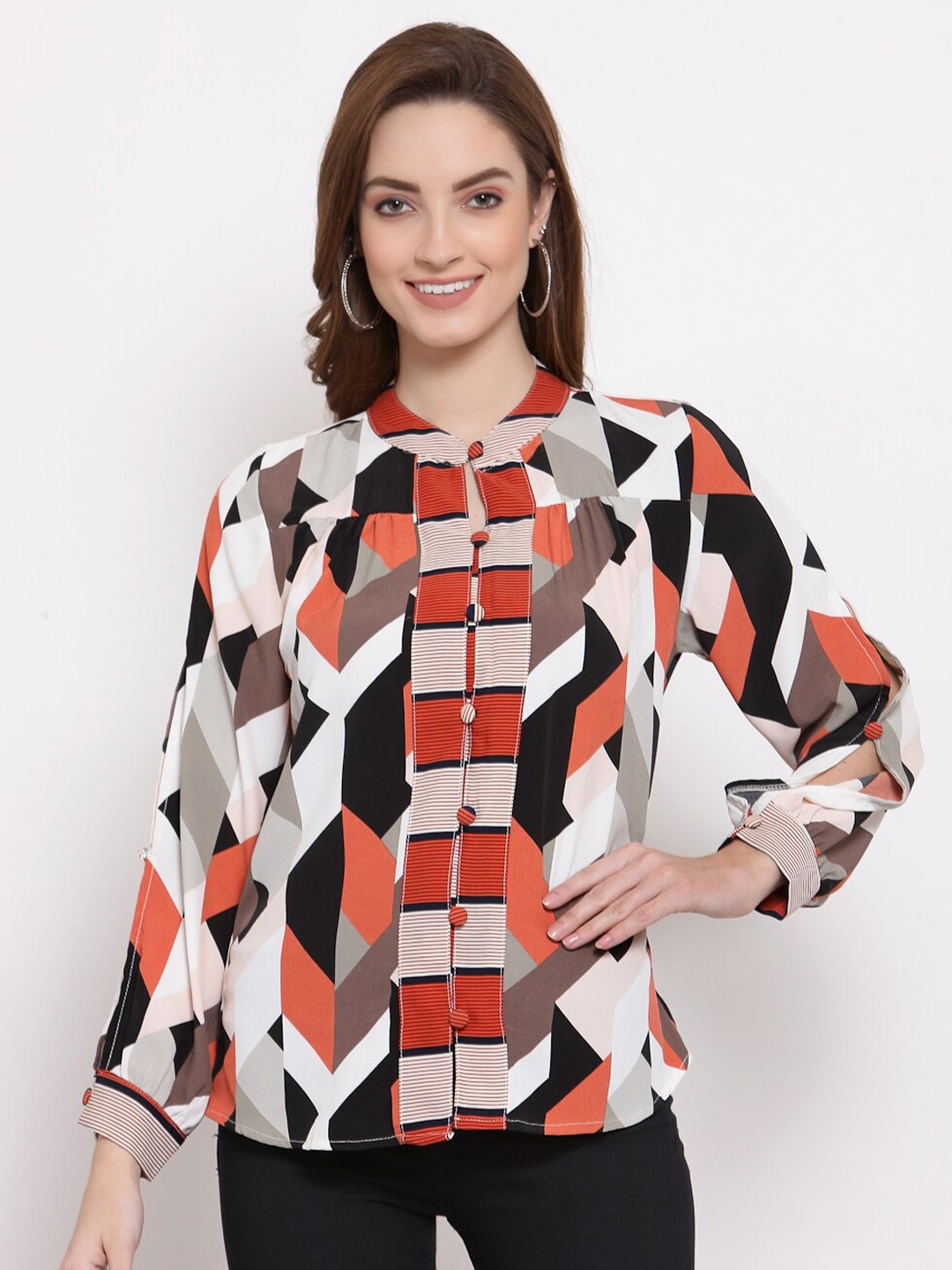 

Mafadeny Rust Red & Black Geometric Regular Top