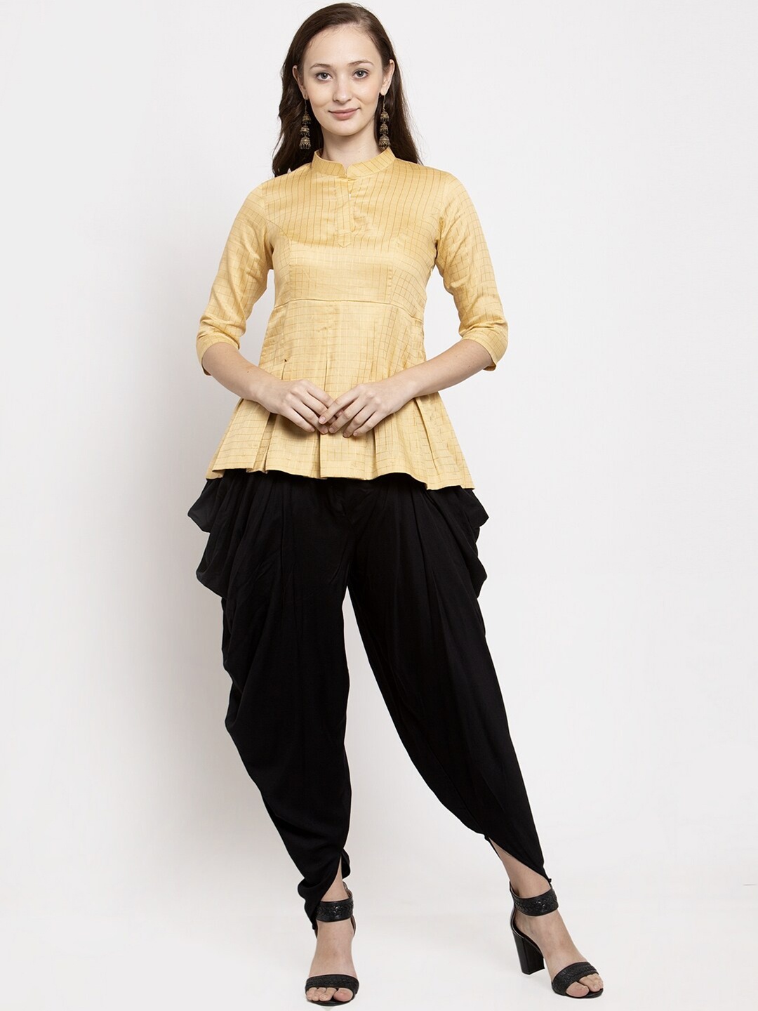 

DUGRI BE THE ONE Women Gold & Black Striped Pure Cotton Top with Dhoti Pants