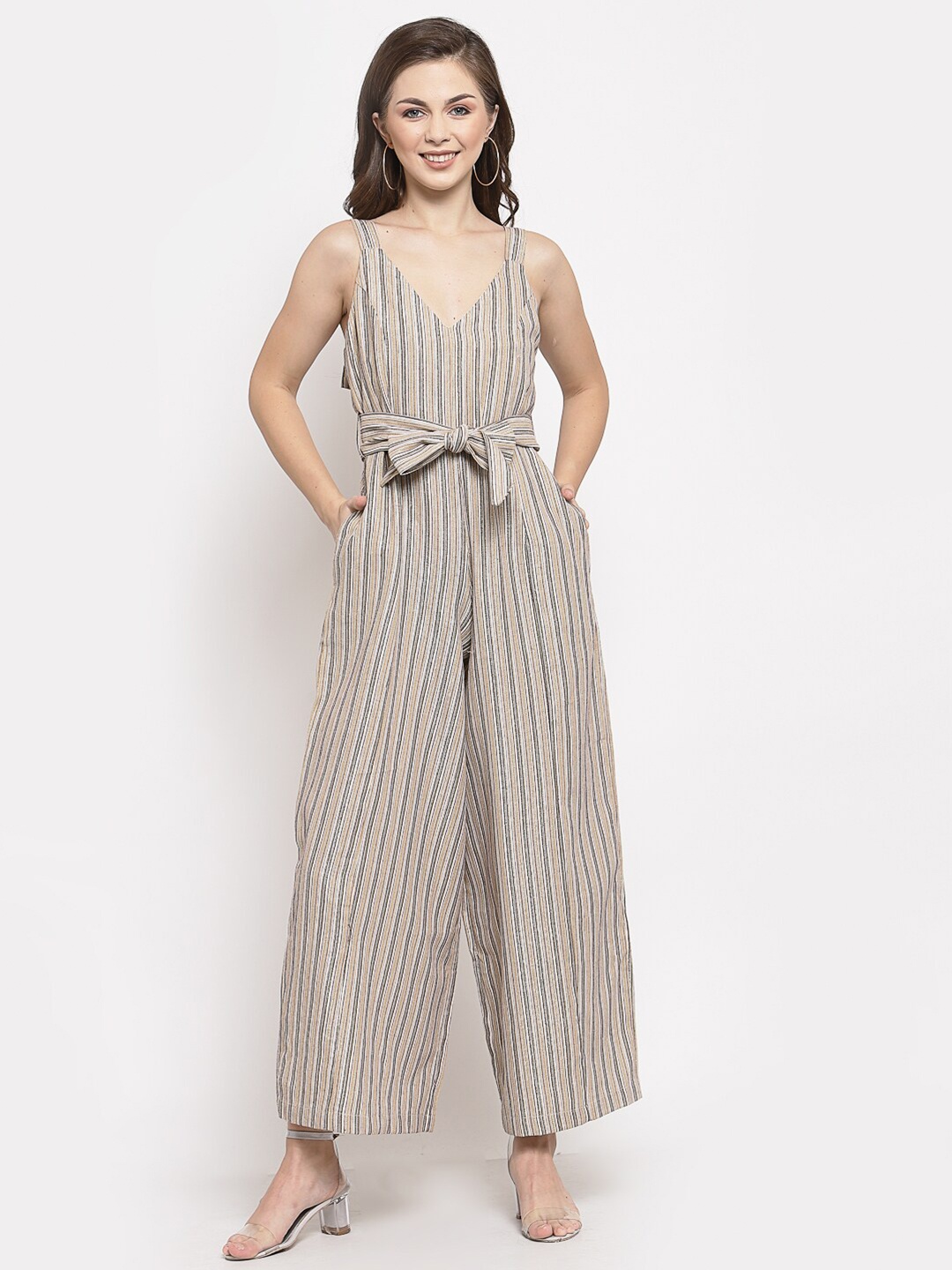 

Mafadeny Khaki & Grey Striped Basic Jumpsuit