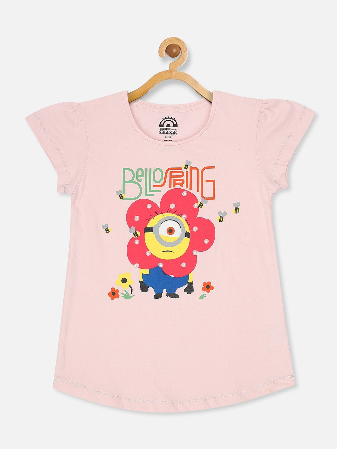 

Kids Ville Girls Pink Minions Printed Extended Sleeves Applique T-shirt