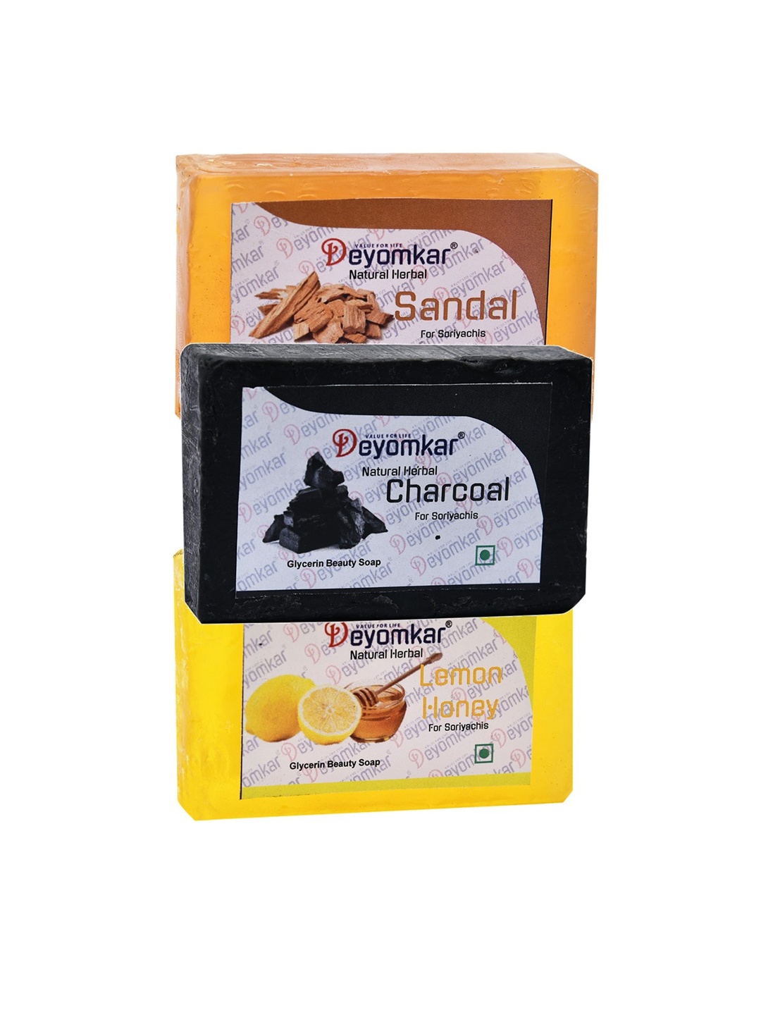 

Deyomkar Set of 3 Herbal Soaps; Charcoal, Sandal & Lemon Honey, Yellow