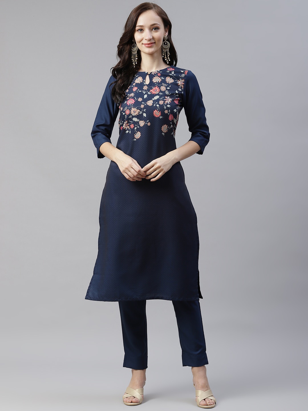 

ZIYAA Women Navy Blue Floral Yoke Design Straight Kurta