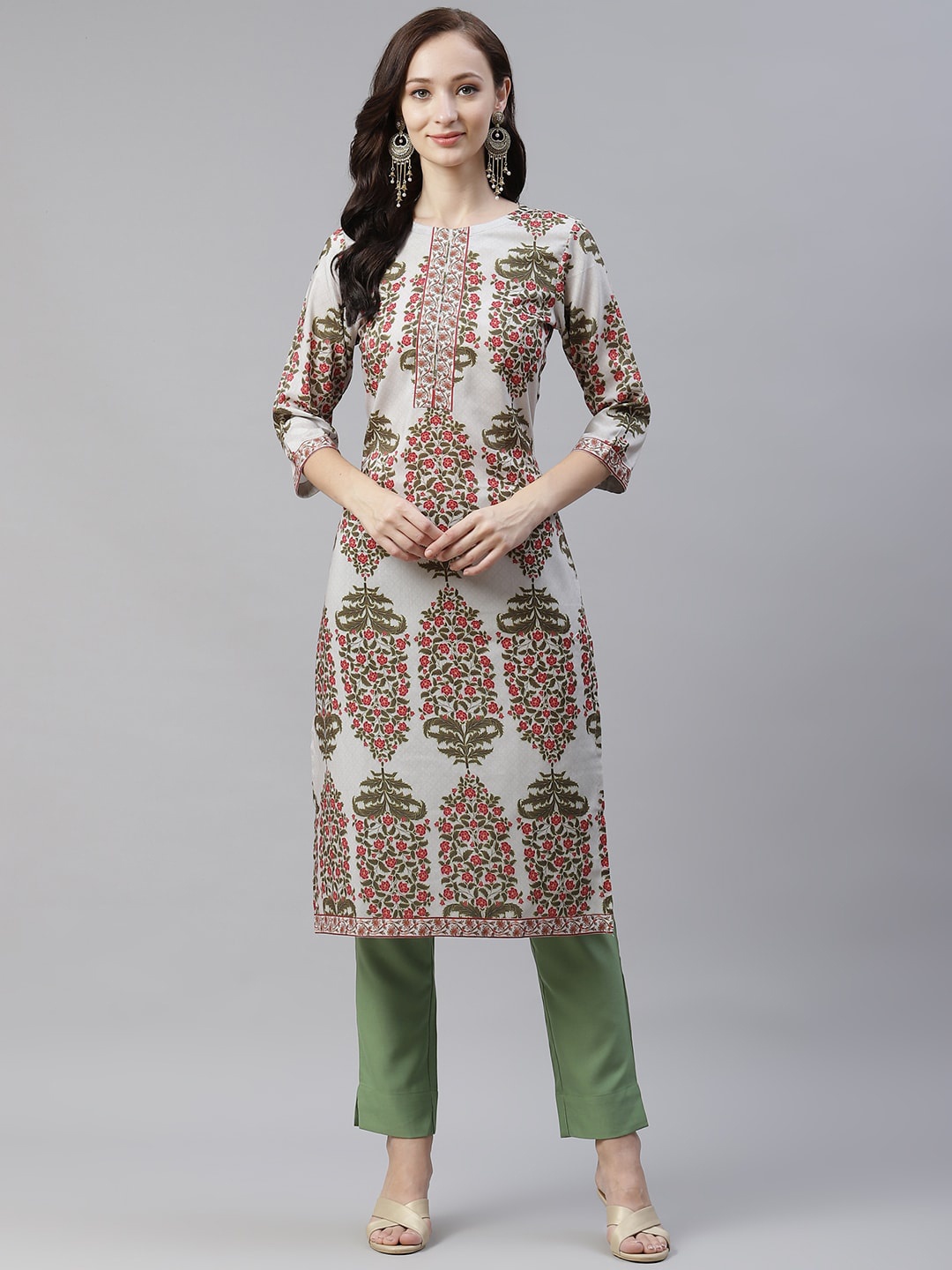 

ZIYAA Women Off White & Green Ethnic Motifs Printed Kurta