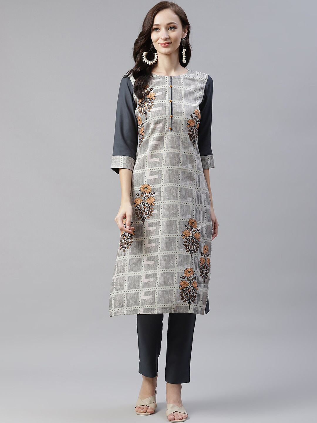 

ZIYAA Women Grey Floral Printed Keyhole Neck Kurta