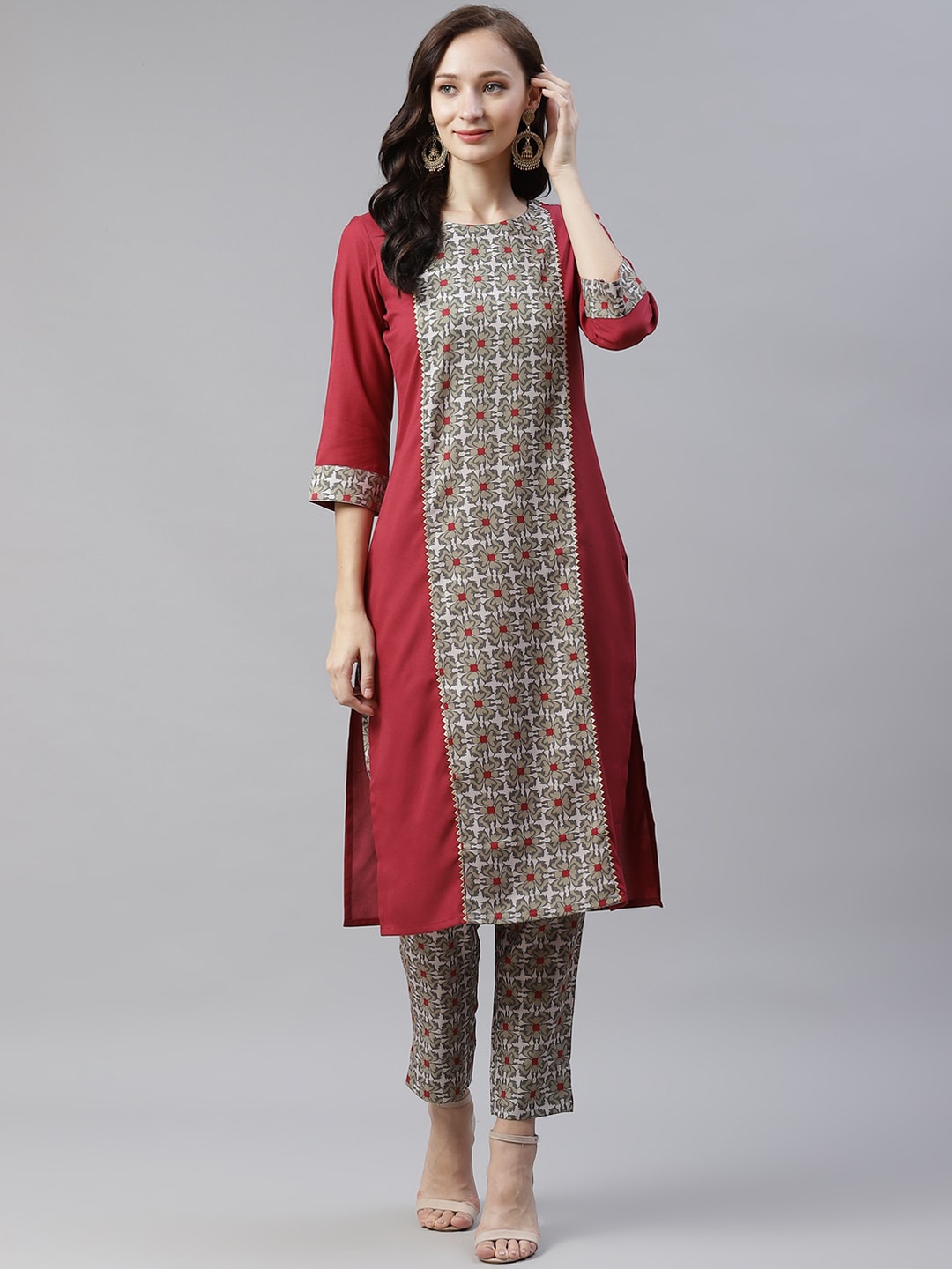 

ZIYAA Women Maroon Geometric Embroidered Keyhole Neck Thread Work Kurta