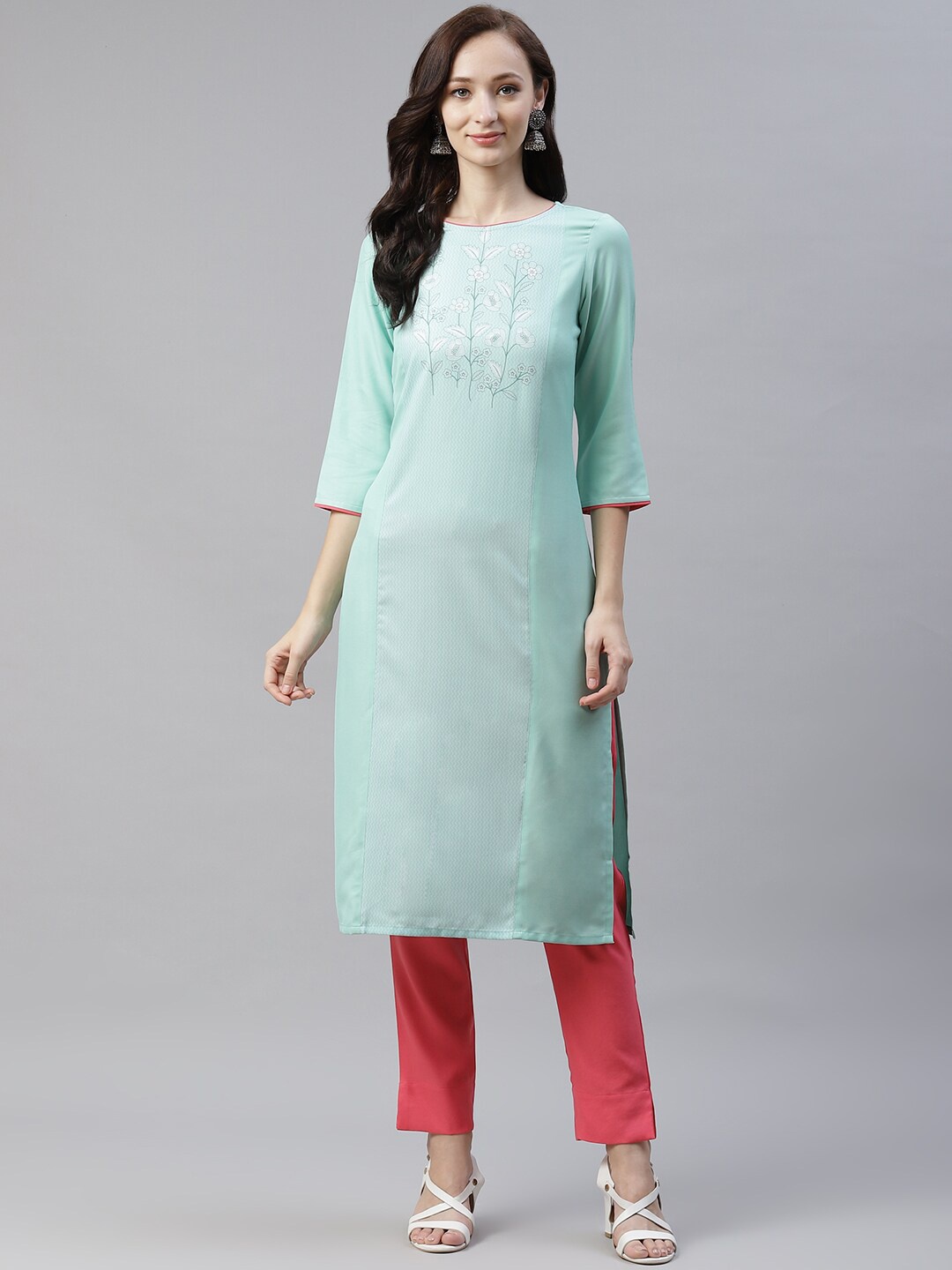 

ZIYAA Women Sea Green Yoke Design Straight Kurta