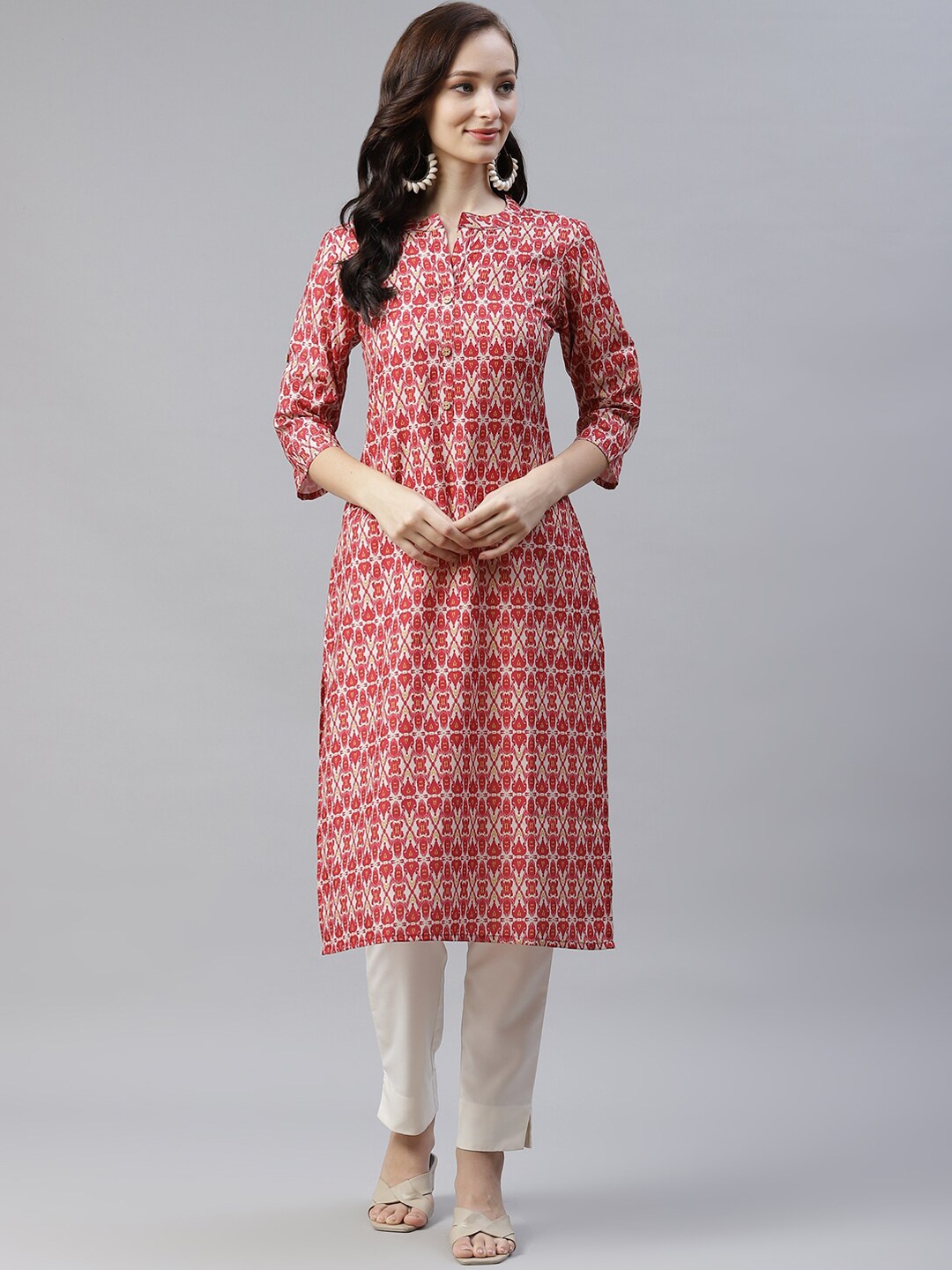 

ZIYAA Women Red & Beige Ethnic Motifs Printed Kurta