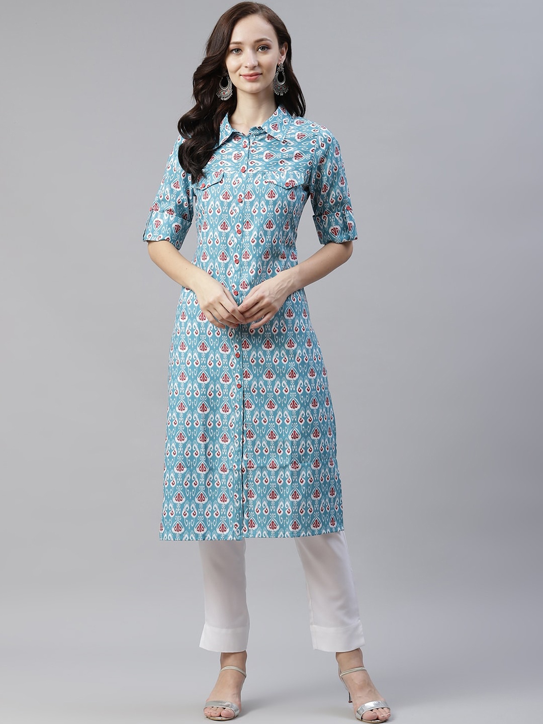

ZIYAA Women Blue & Off White Ethnic Motifs Printed Kurta