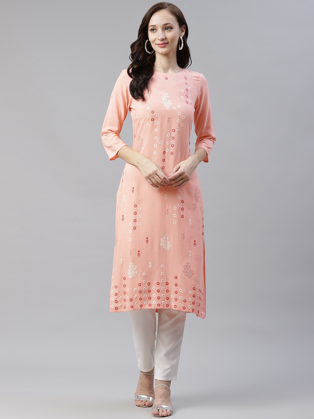 

ZIYAA Women Peach-Coloured Floral Printed Kurta