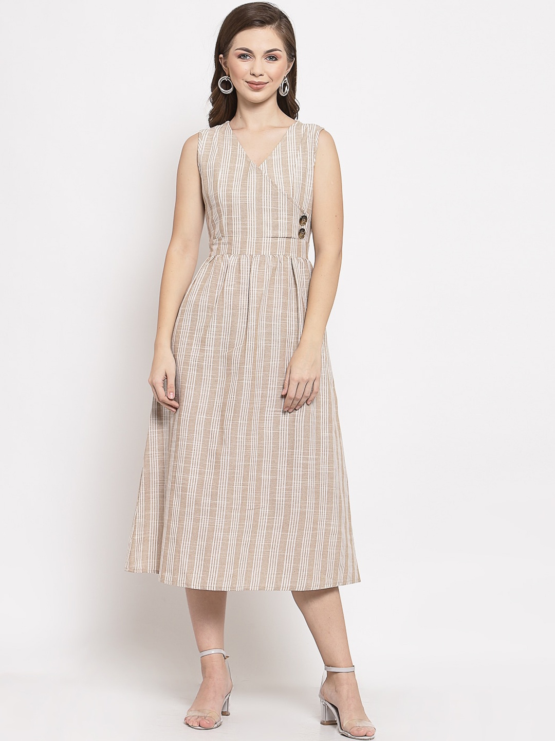 

Mafadeny Khaki Striped Midi Dress