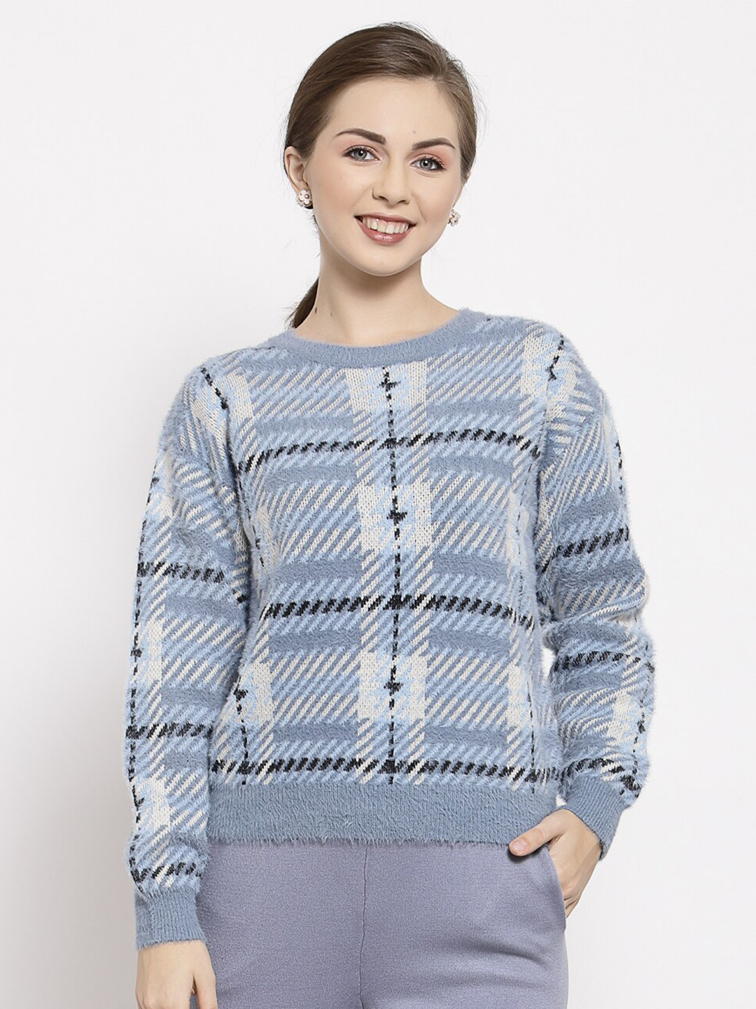 

Mafadeny Women Blue & Grey Checked Pullover