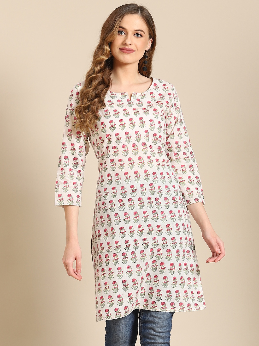 

Prakrti White & Pink Floral Printed Pure Cotton Kurti