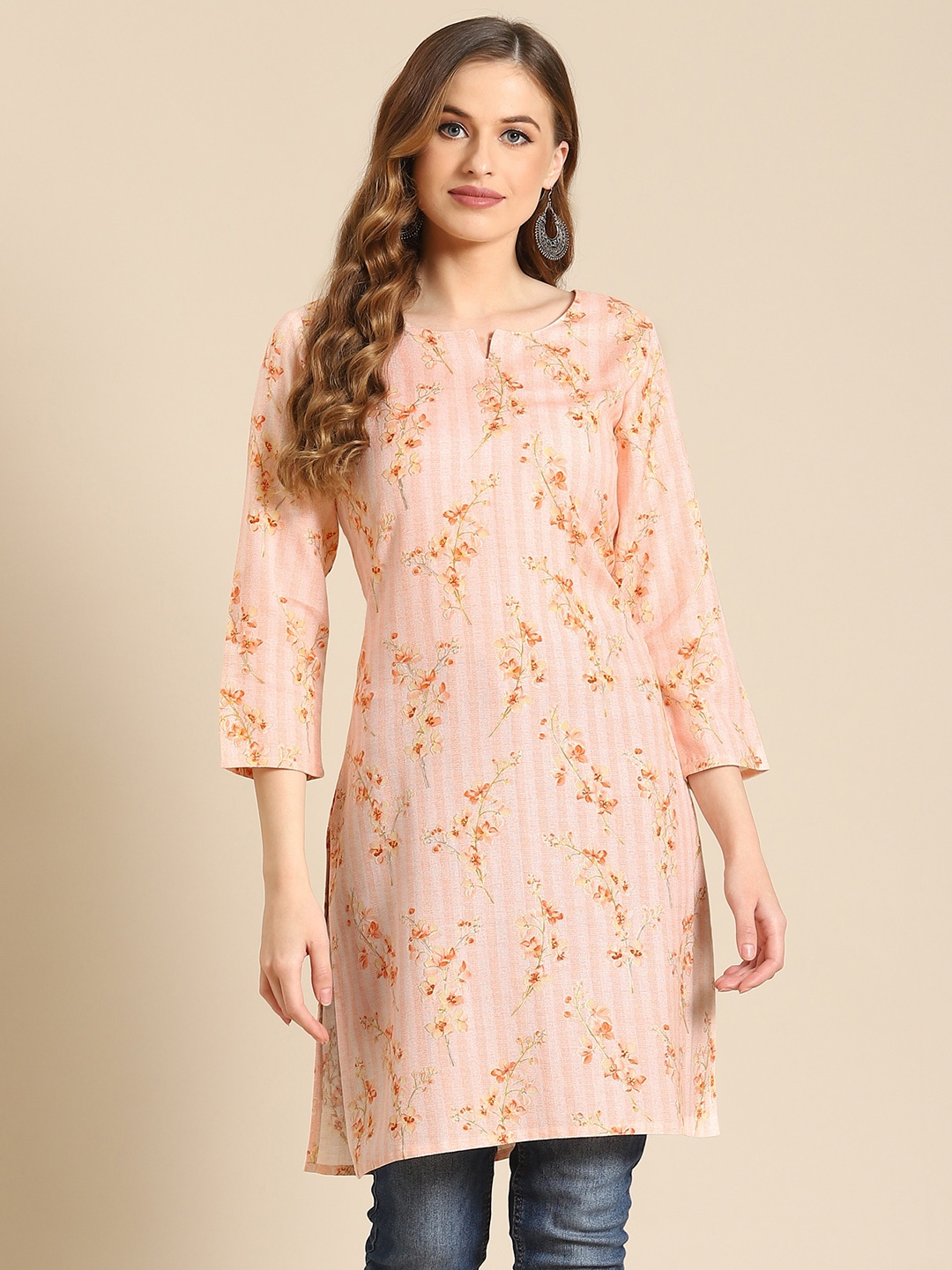 

Prakrti Peach-Coloured Floral Printed Kurti