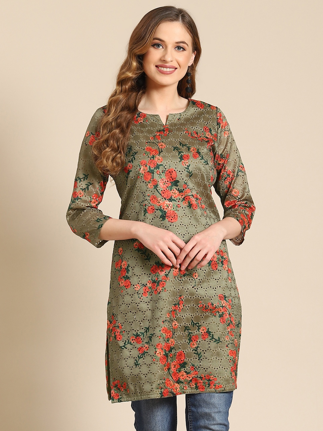 

Prakrti Green & Orange Floral Printed Kurti