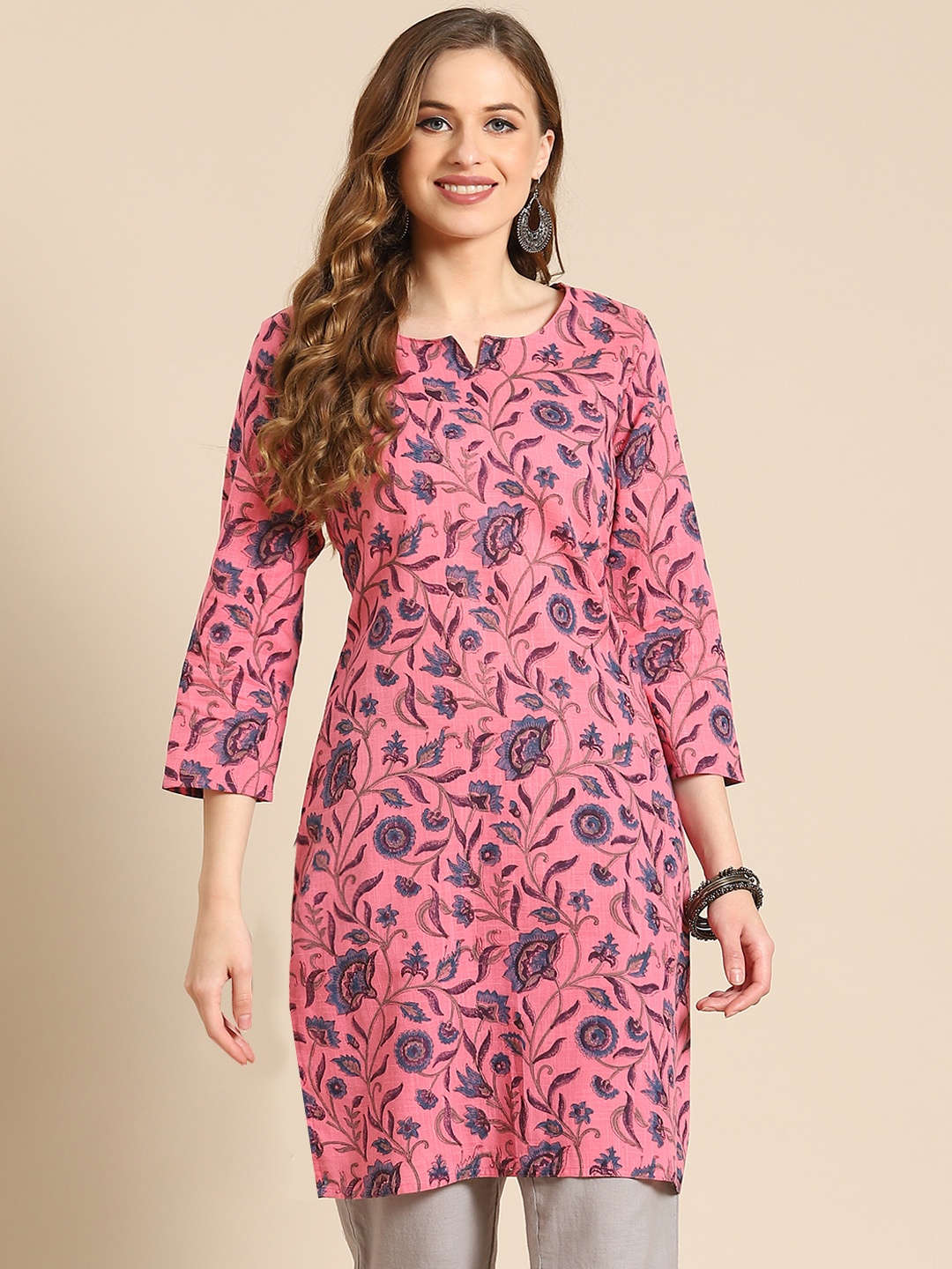 

Prakrti Pink & Blue Floral Printed Pure Cotton Kurti