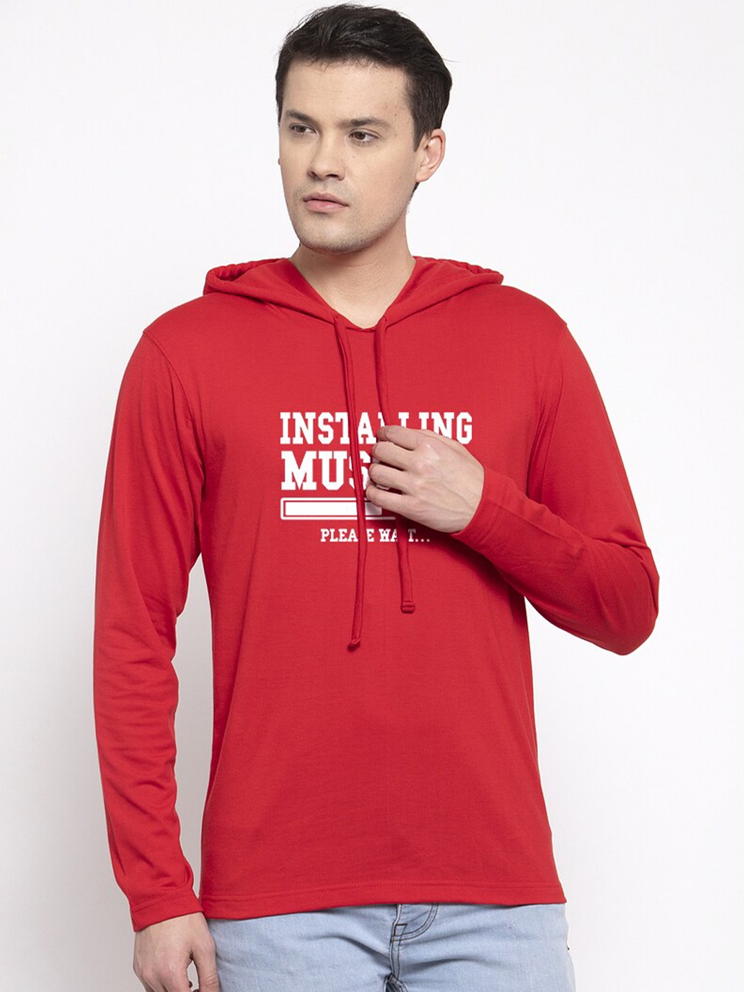 Friskers Men Red Printed Cotton Hooded T-shirt