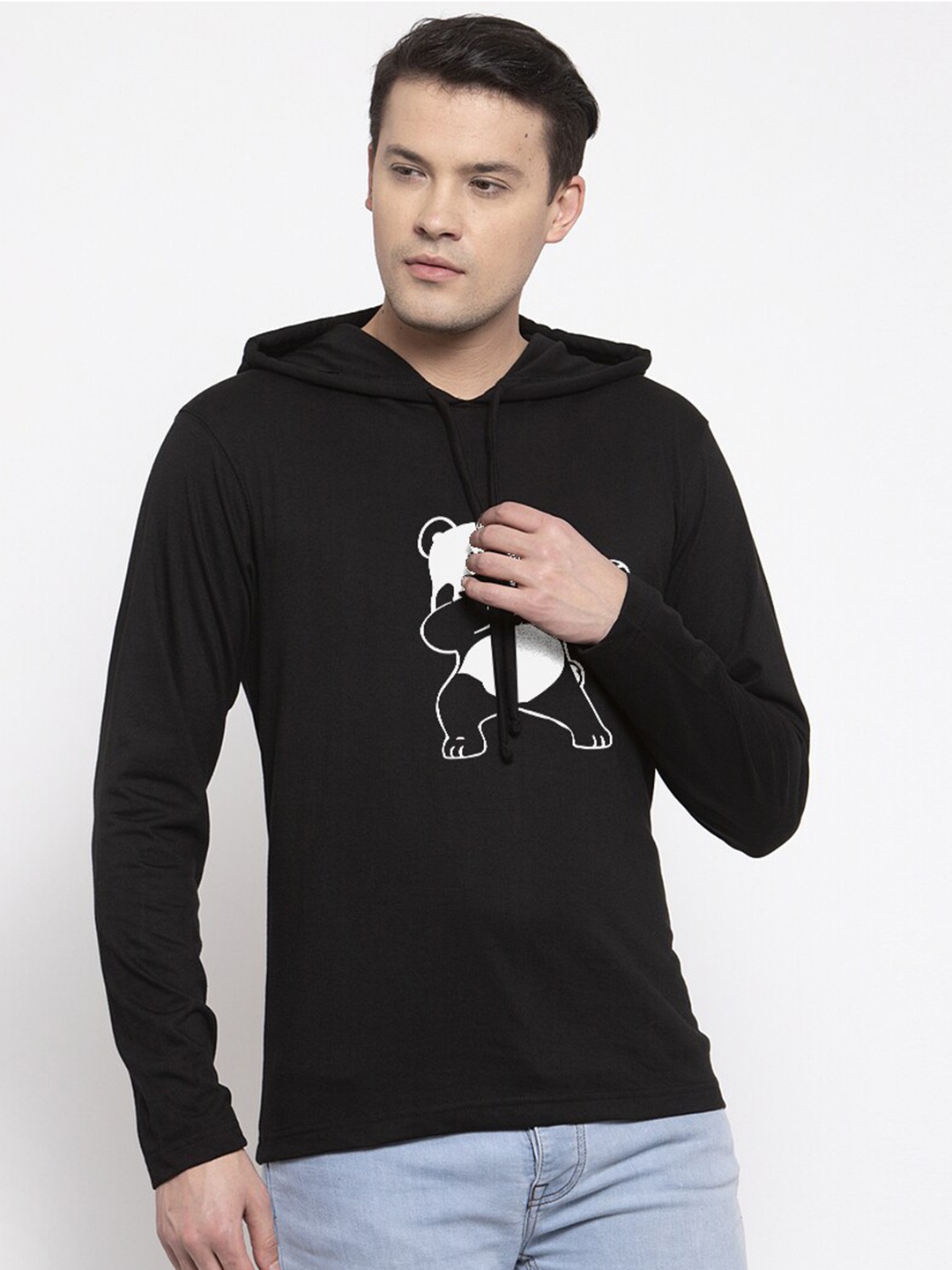 

Friskers Men Black Panda Printed Hooded T-shirt