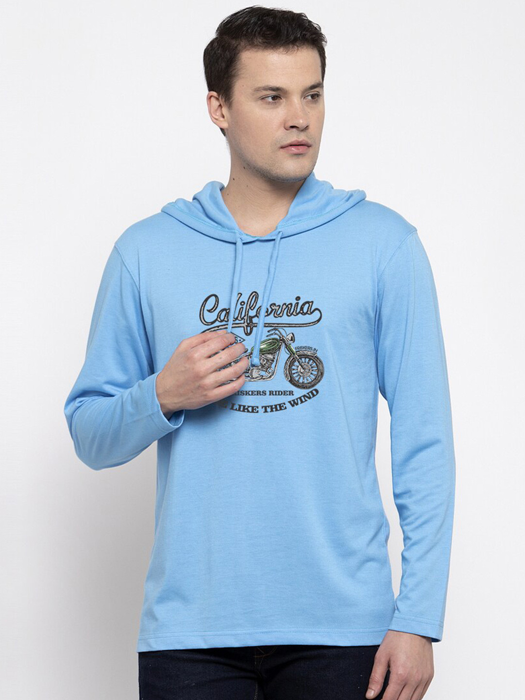 

Friskers Men Turquoise Blue Printed Hooded T-shirt