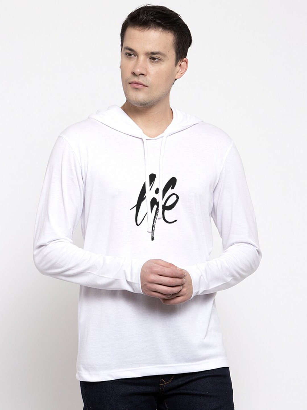 

Friskers Men White Typography Hood T-shirt