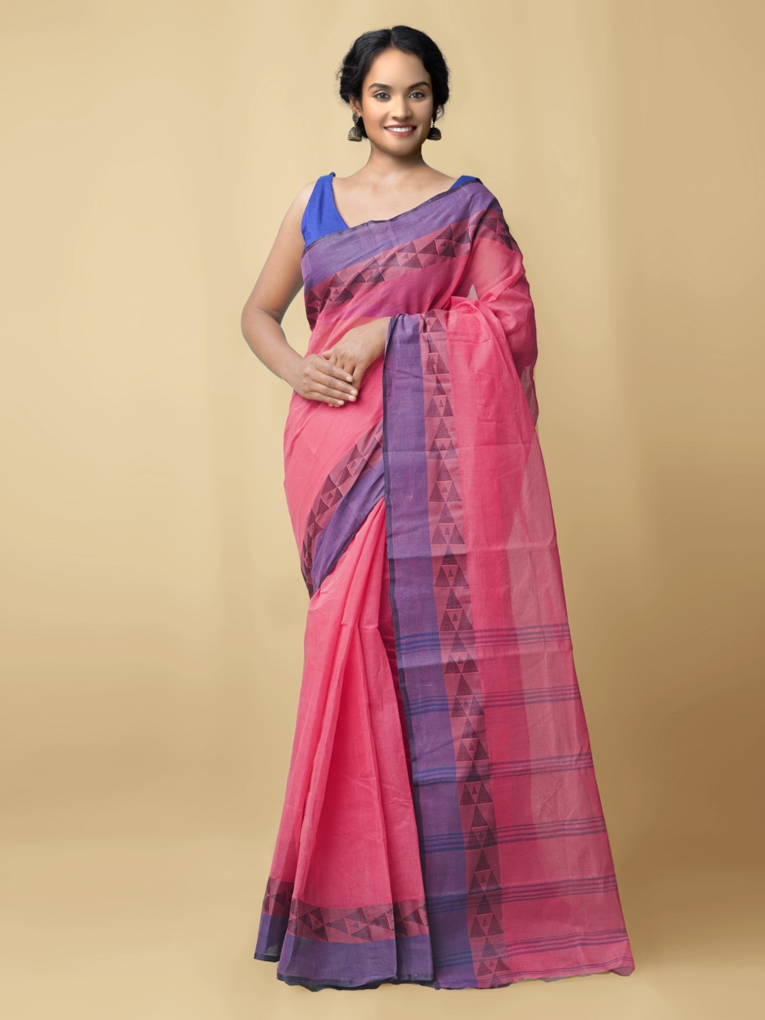 

Unnati Silks Pink & Blue Pure Cotton Taant Saree