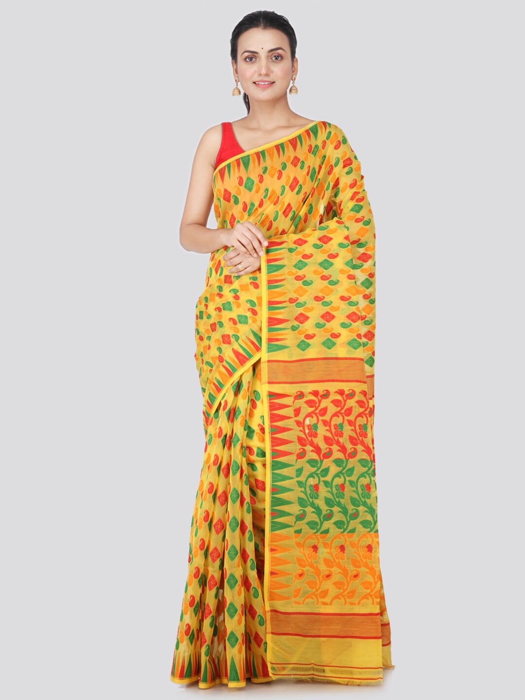 

PinkLoom Yellow & Red Woven Design Pure Cotton Jamdani Saree