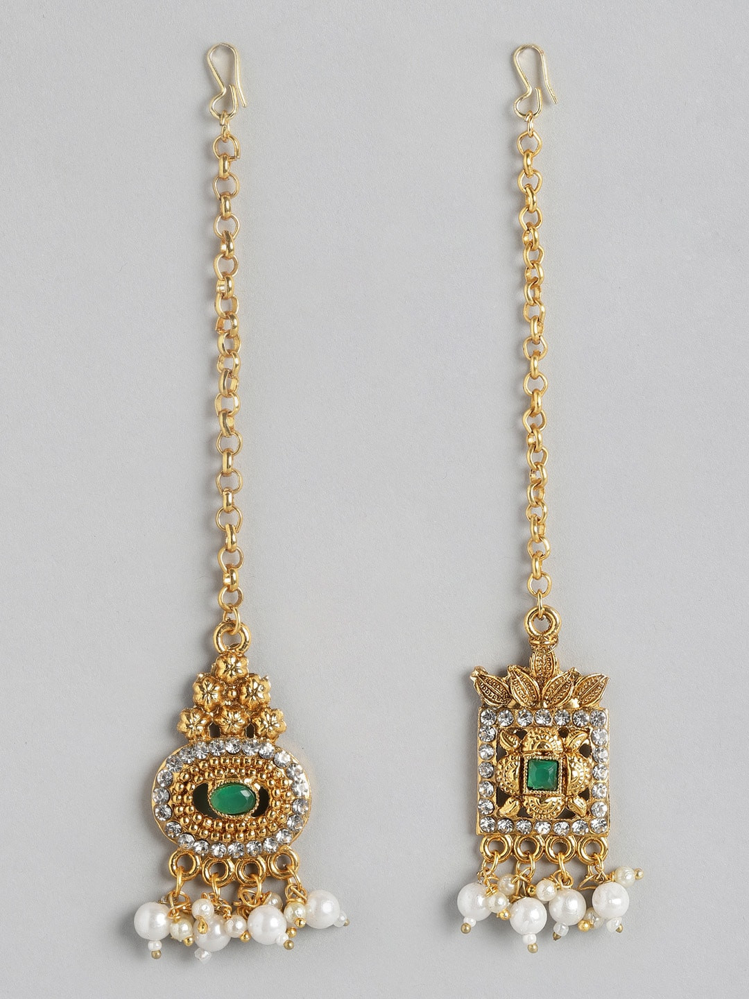 

Anouk Set of 2 Gold-Toned & Green Stone Studded & Beaded Maang Tika
