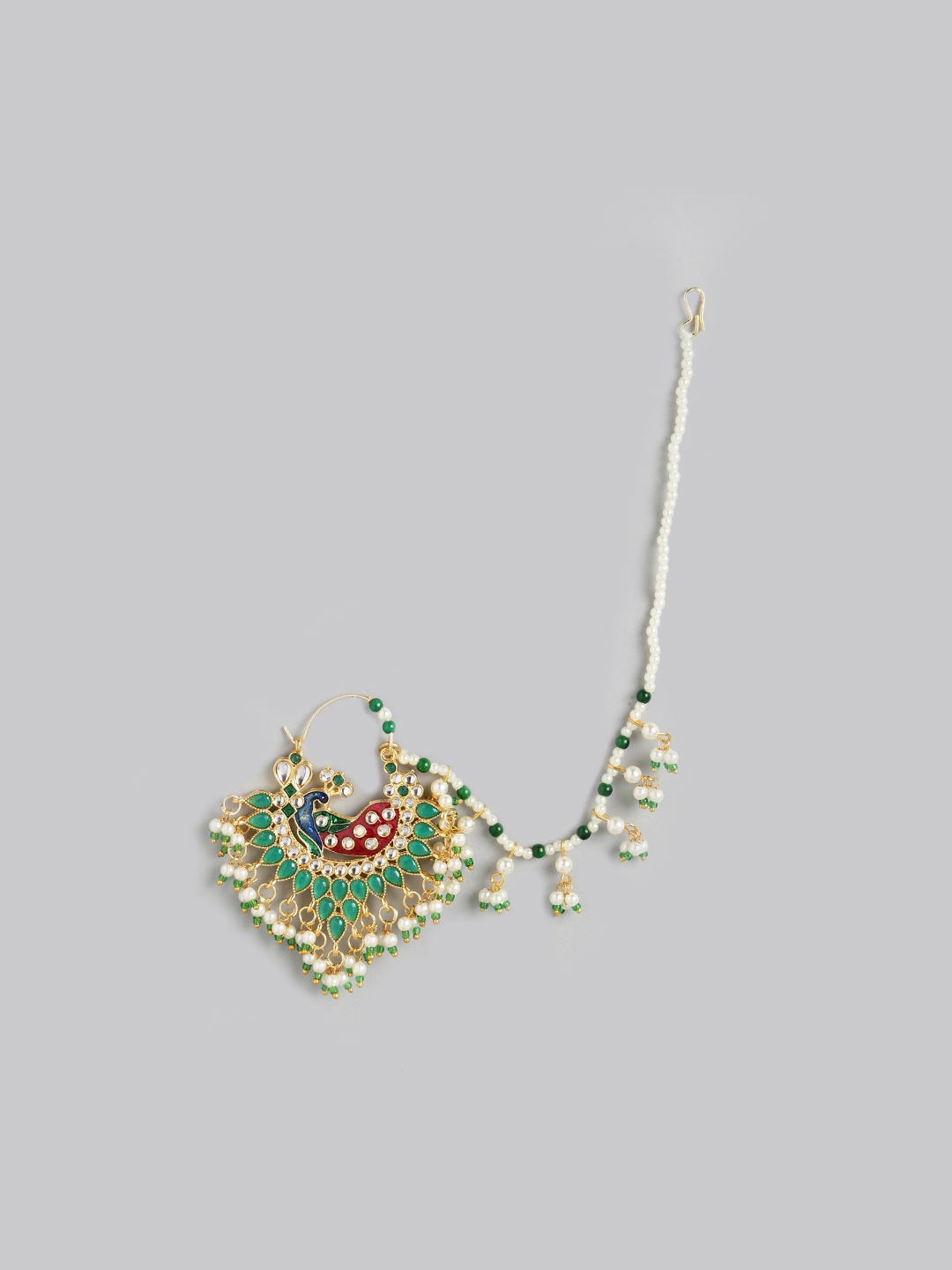 

Anouk Gold-Toned & Green Stone Studded & Beaded Chained Nose Ring