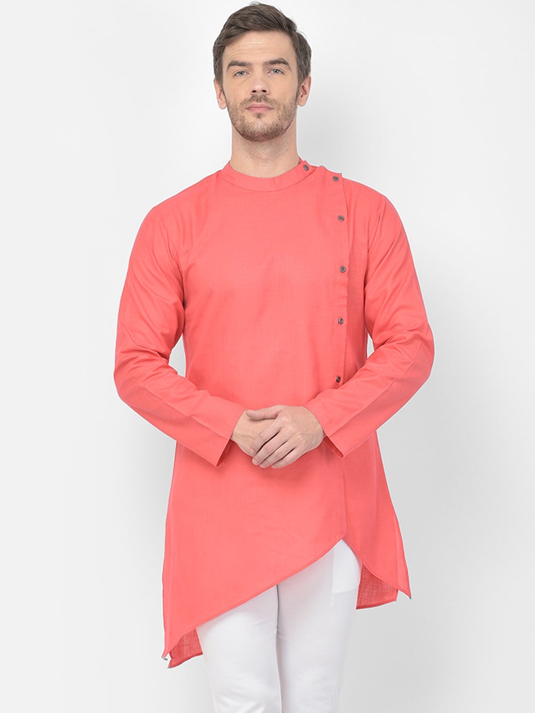 

SG LEMAN Men Pink Angrakha Cotton Kurta