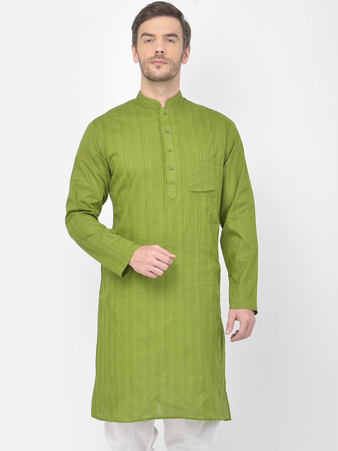 

SG LEMAN Men Green Thread Work Kurta