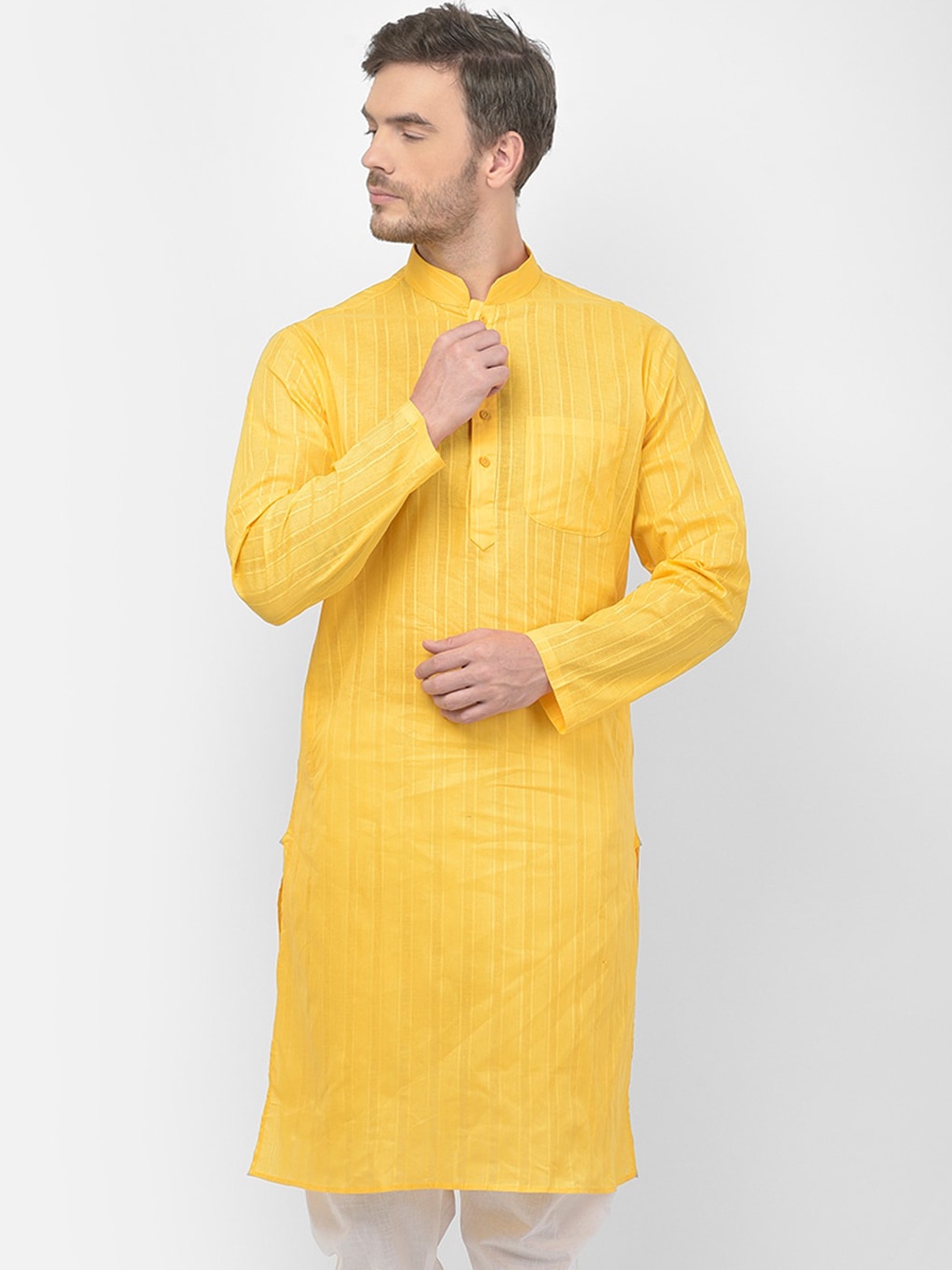 

SG LEMAN Men Yellow & Black Striped Cotton Kurta