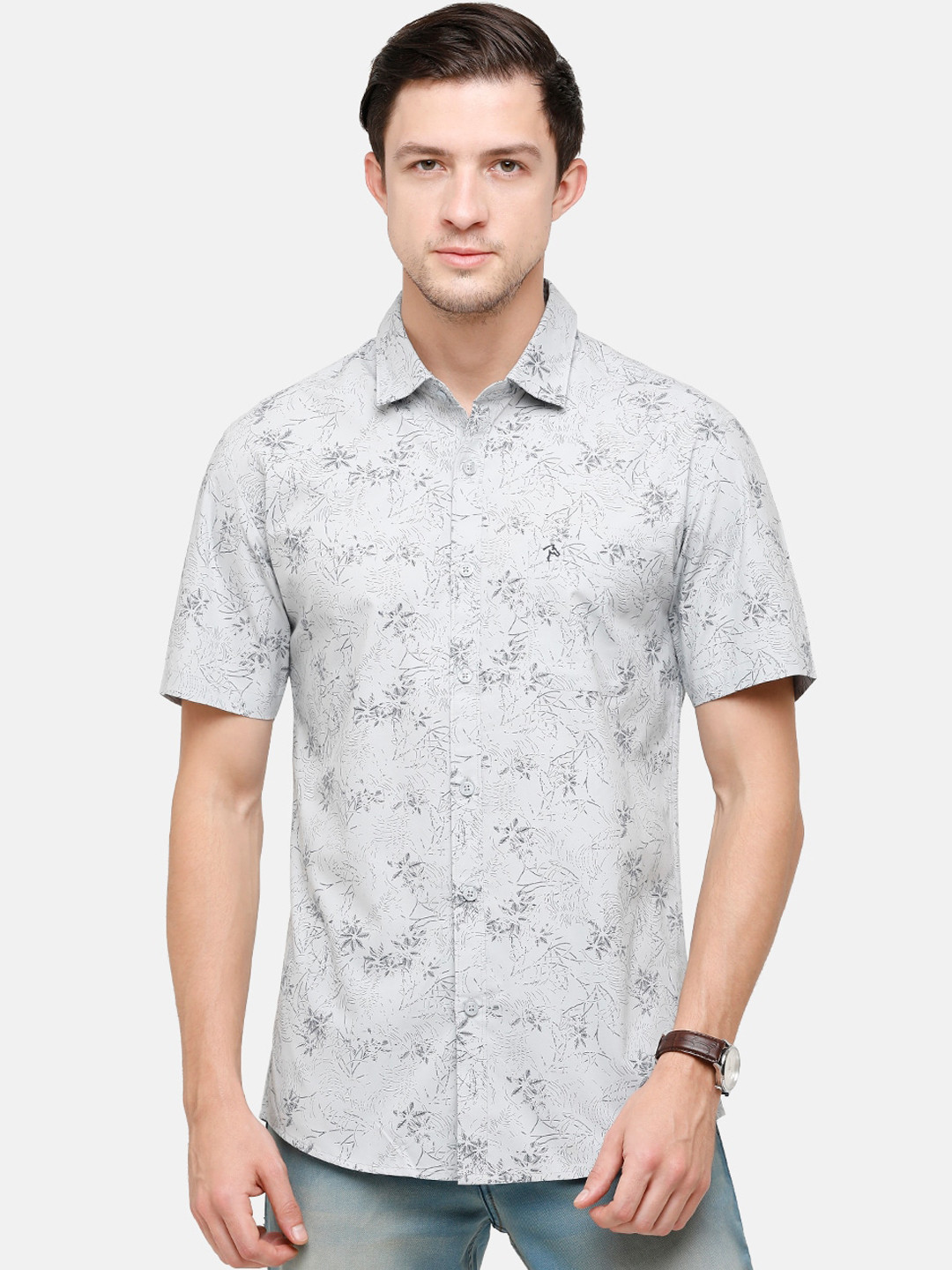 

Swiss Club Men Grey Slim Fit Opaque Printed Pure Cotton Casual Shirt