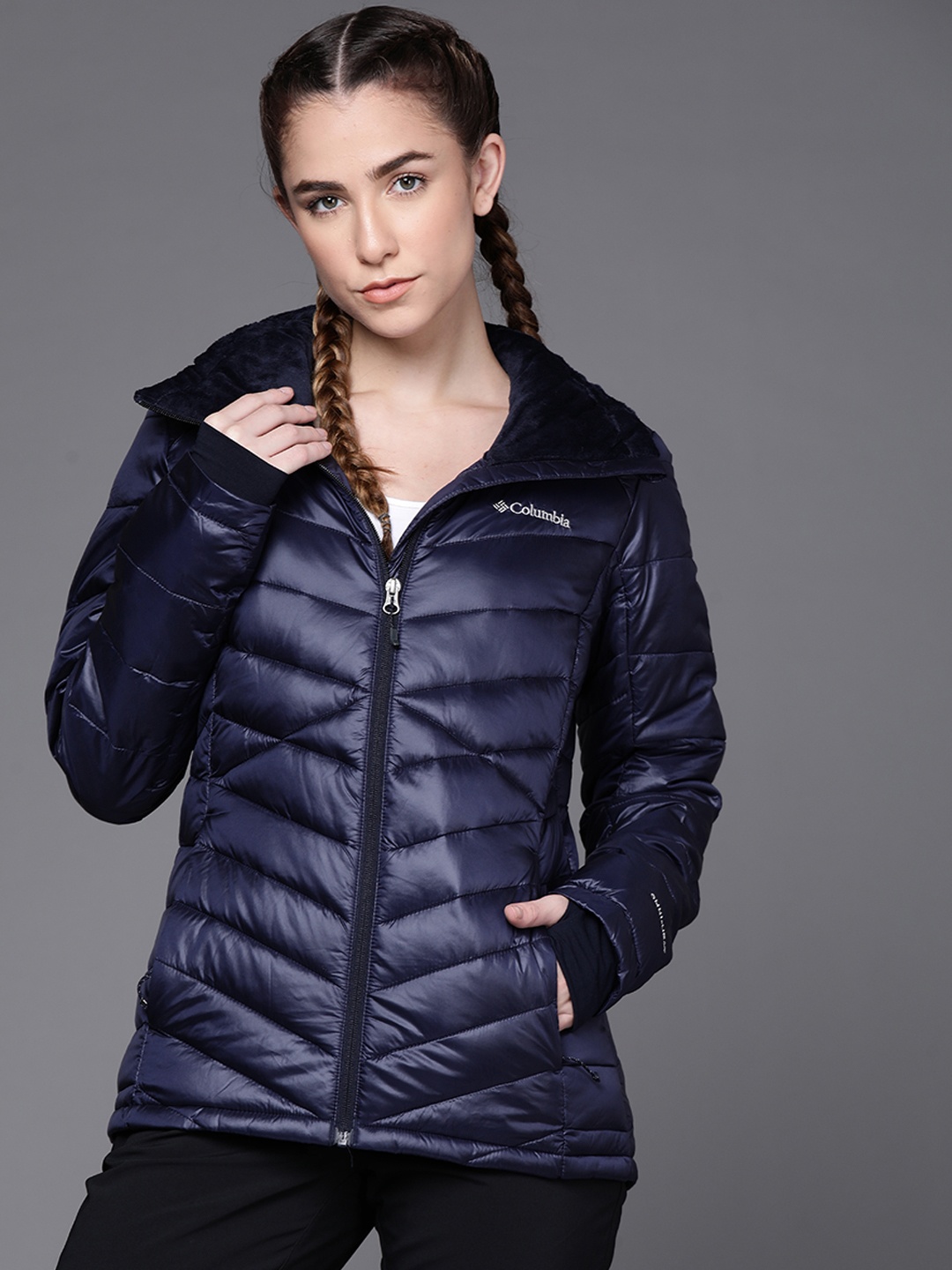 

Columbia Women Navy Blue Reflective Strip Outdoor Hiking Padded Jacket with Omni Heat