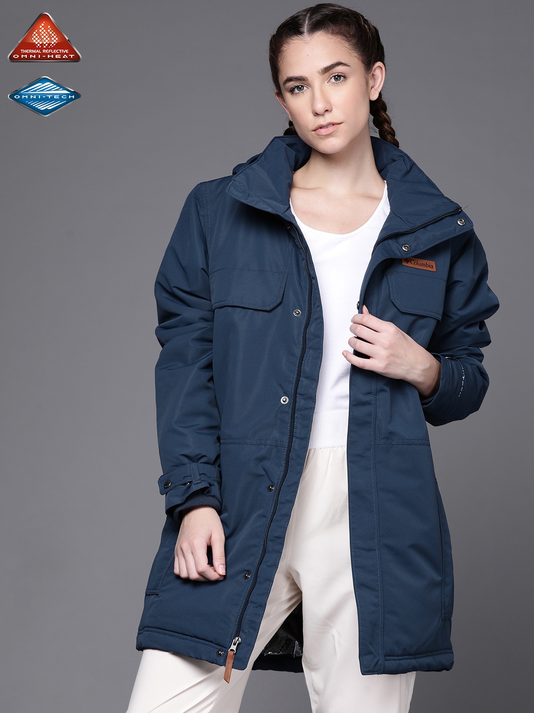 

Columbia Women Navy Blue Rugged Path Parka Reflective Stripe Tailored Hiking Jacket