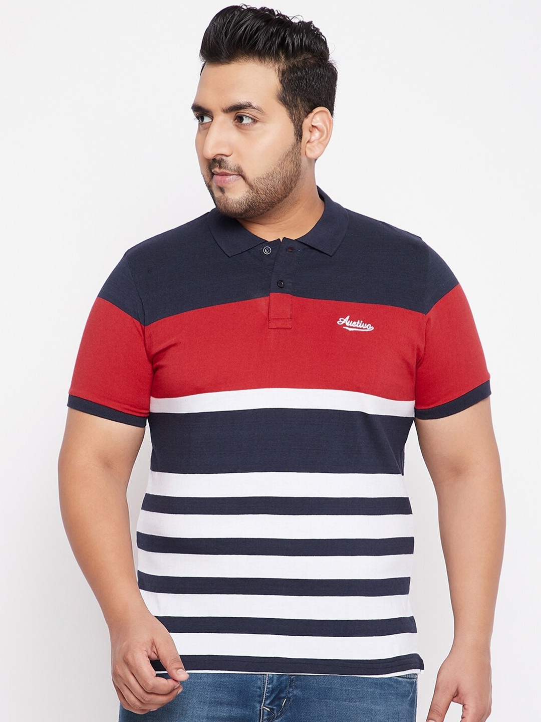 

AUSTIVO Men Red & Blue Striped Polo Collar Cotton T-shirt