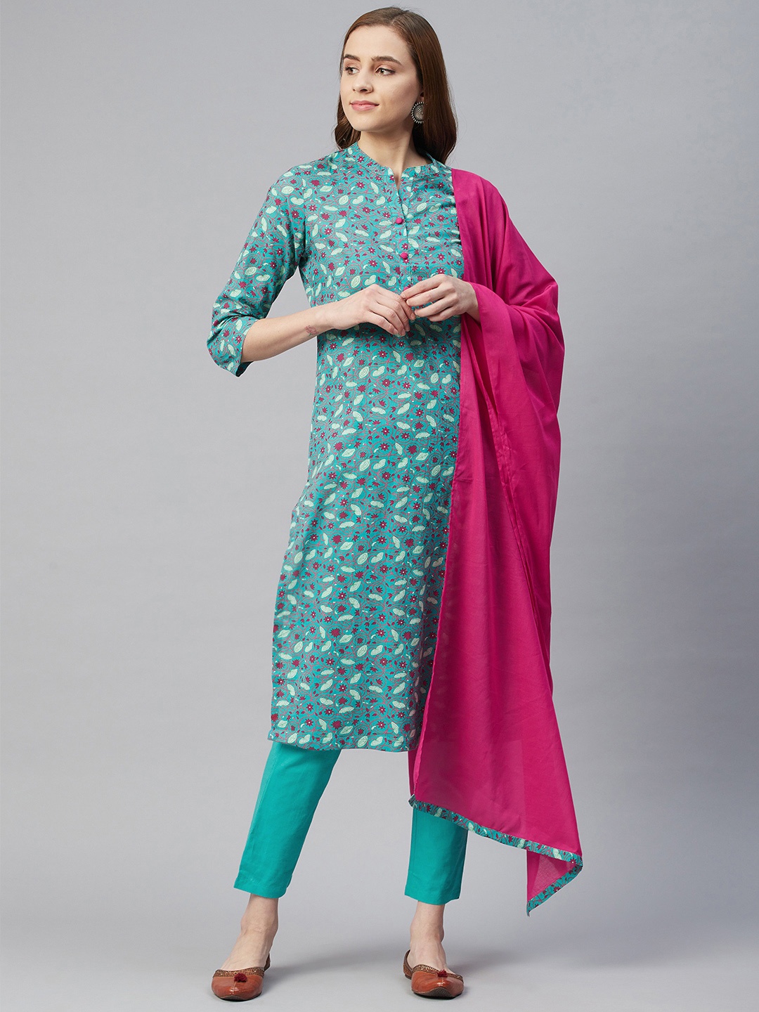 

Rangriti Women Green Printed Regular Pure Cotton Kurta Set & Dupatta