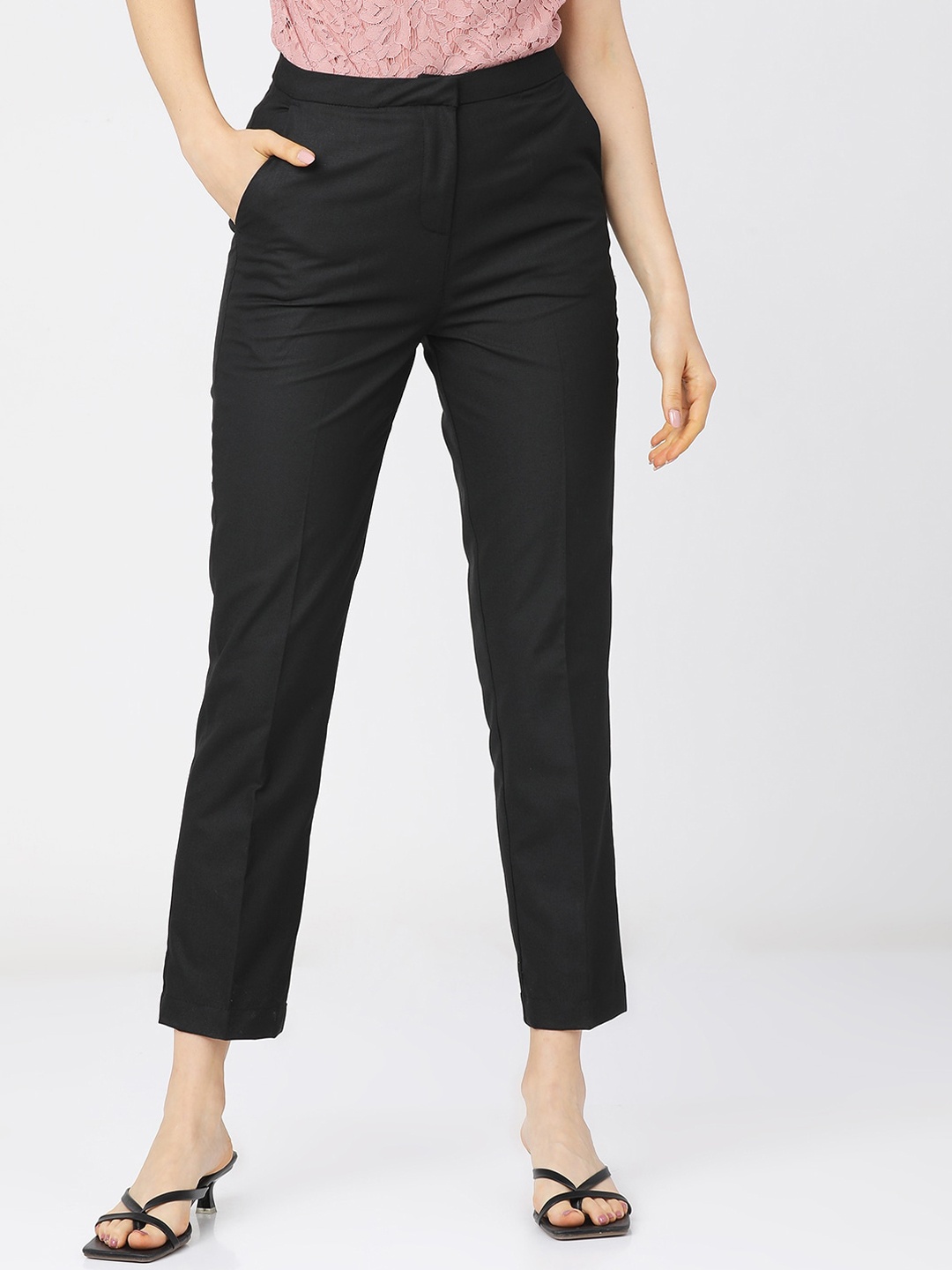 

Tokyo Talkies Women Black Straight Fit Cropped Trousers