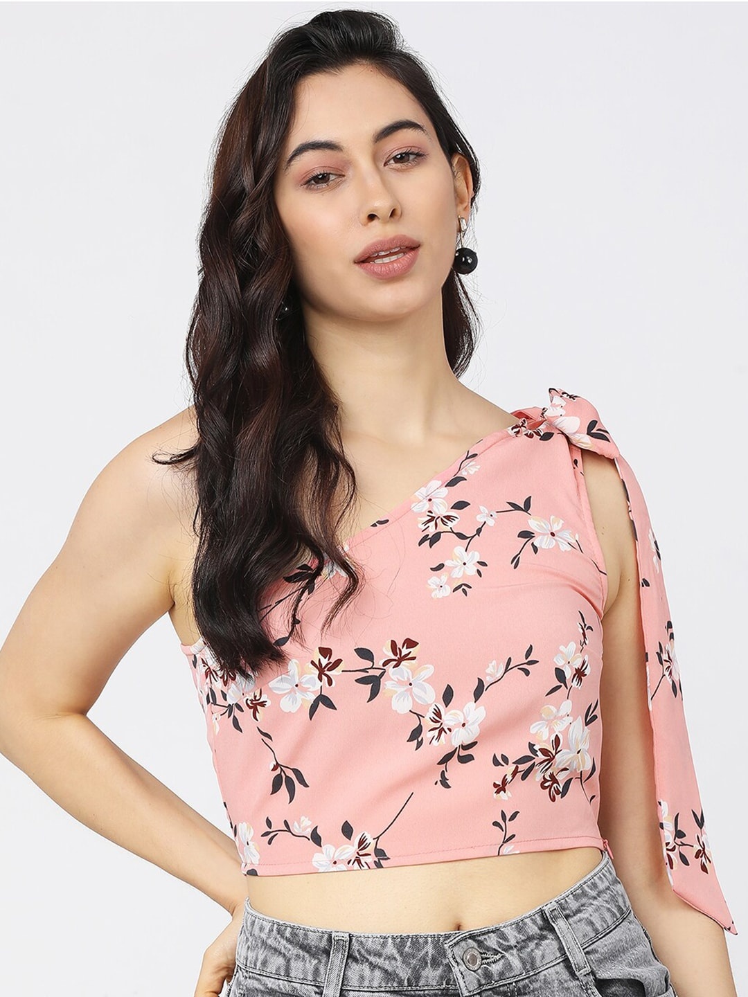 

Tokyo Talkies Coral Floral Extended Sleeves Regular Crop Top