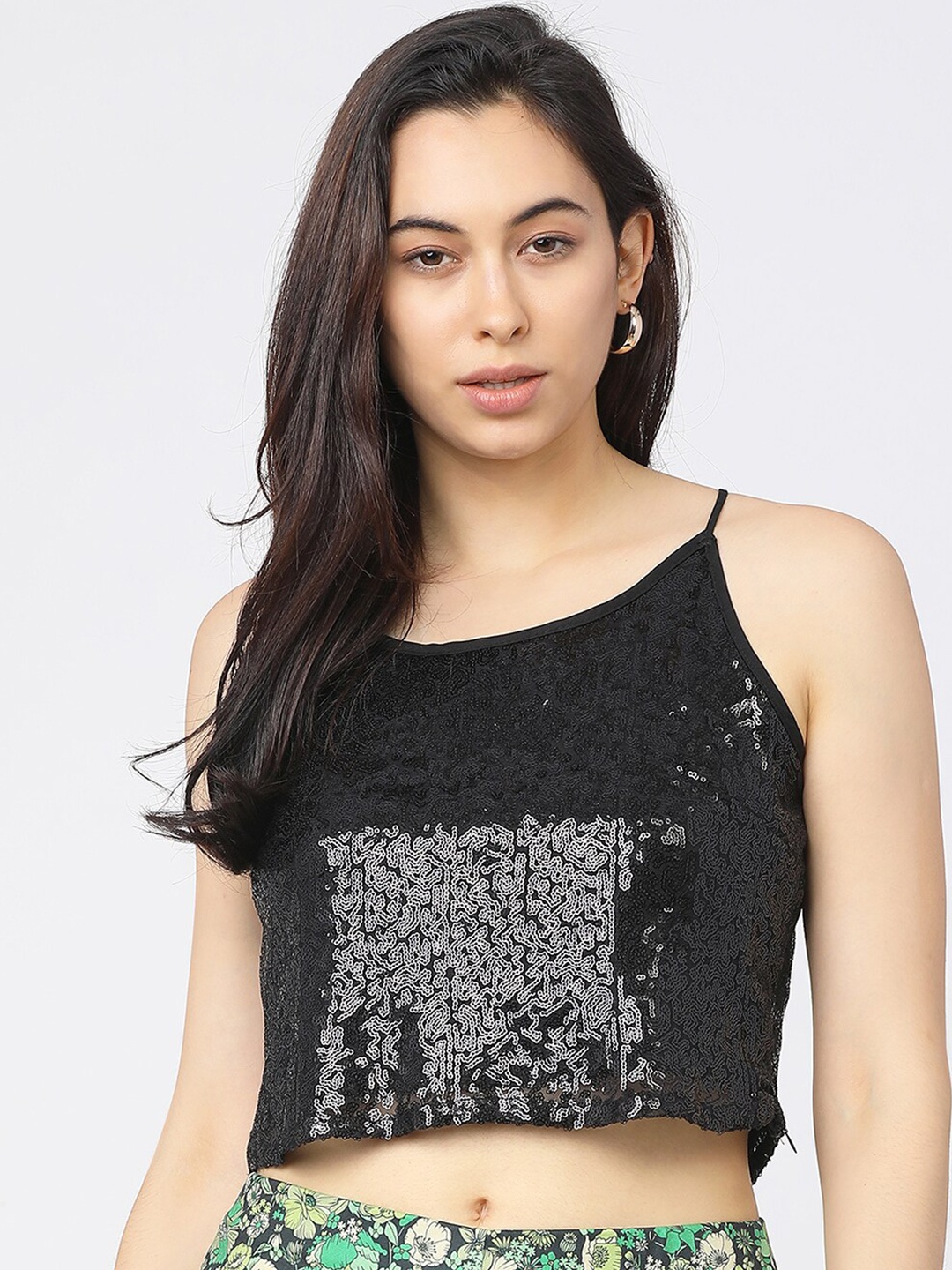 

Tokyo Talkies Black Embellished Tank Crop Top