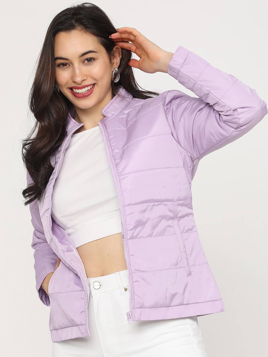 

Tokyo Talkies Women Purple Floral Crop Puffer Jacket