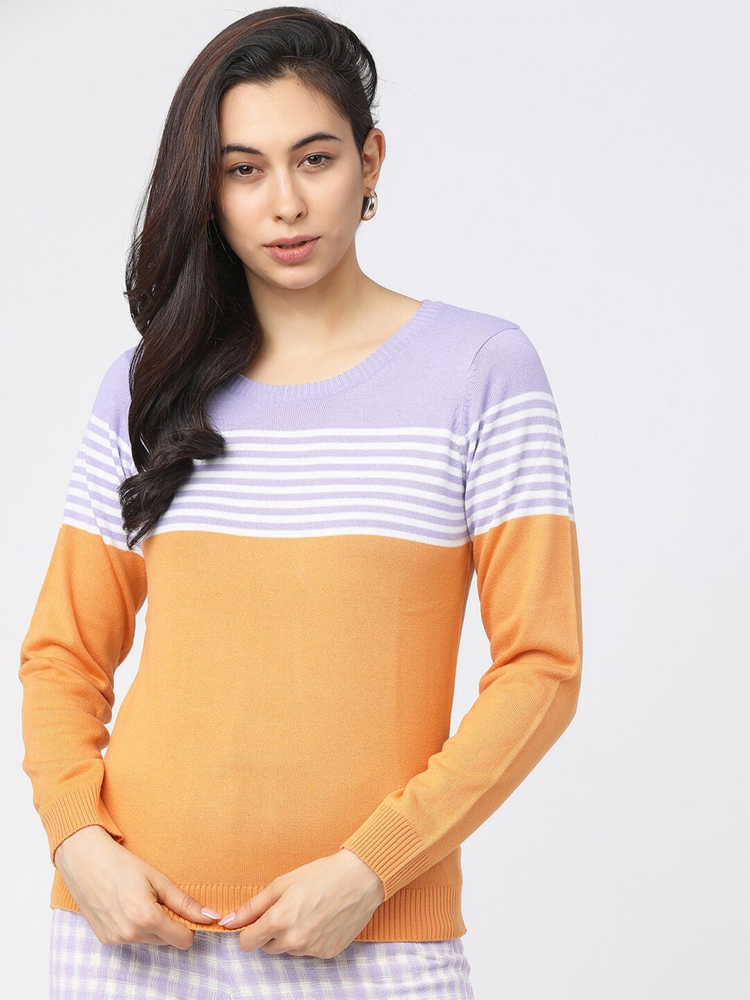 

Tokyo Talkies Women Orange & Purple Colourblocked Pullover