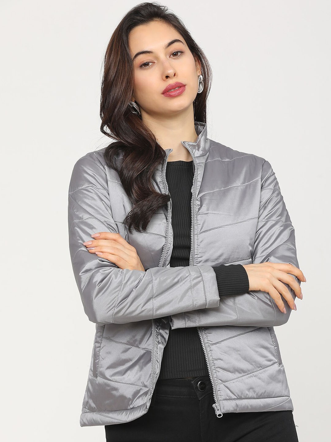 

Tokyo Talkies Women Silver-Toned Crop Puffer Jacket