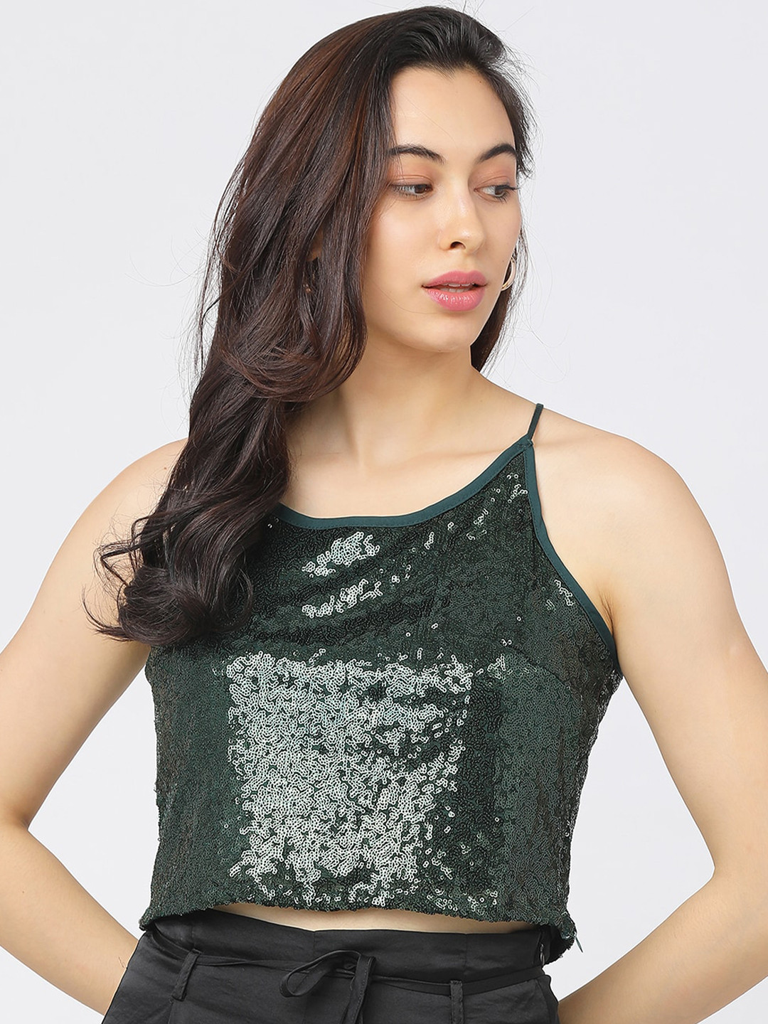 

Tokyo Talkies Green Embellished Regular Crop Top